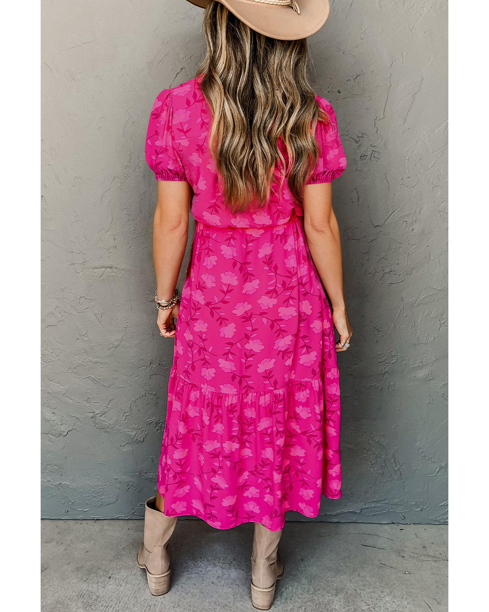 Rose Red Floral Print Pleated Drawstring Flowy Midi Dress - M 6