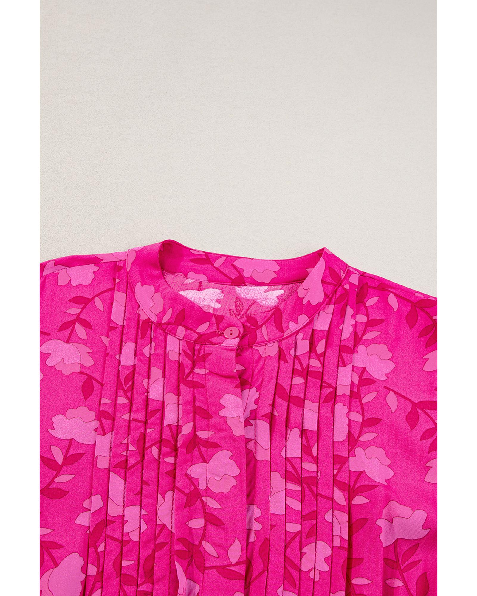 Rose Red Floral Print Pleated Drawstring Flowy Midi Dress - XL 7