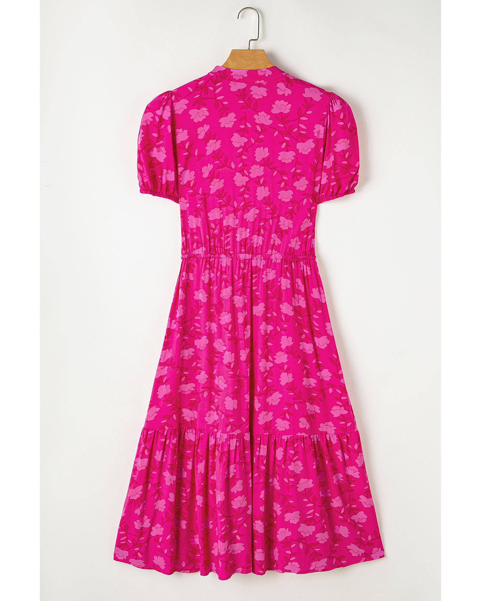 Rose Red Floral Print Pleated Drawstring Flowy Midi Dress - XL 8