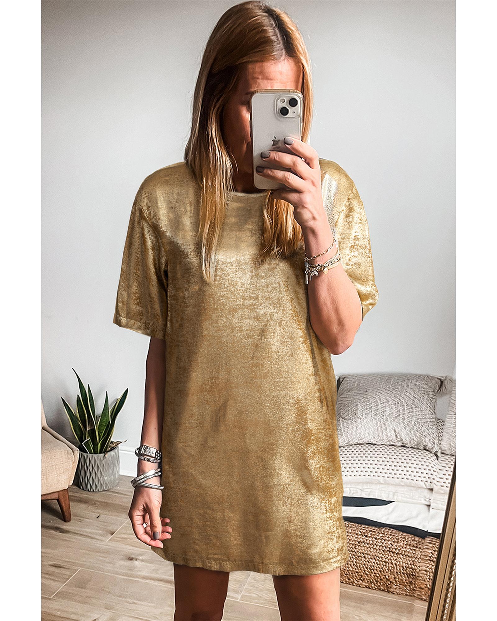 Gold Metallic Luster Crewneck Mini T-Shirt Dress - XL 3