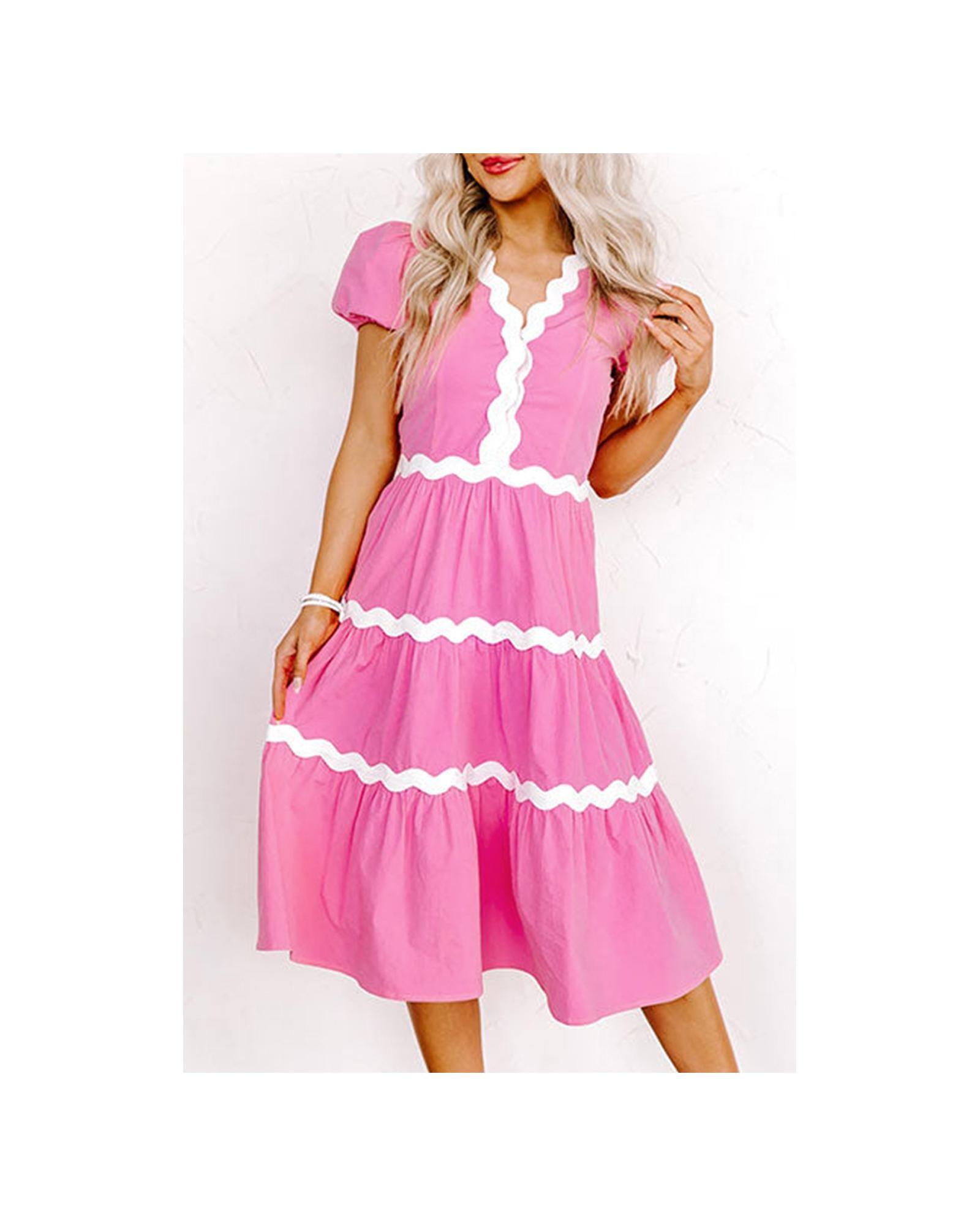 Bonbon Ric Rac Trim Short Puff Sleeve Flowy Midi Dress - L