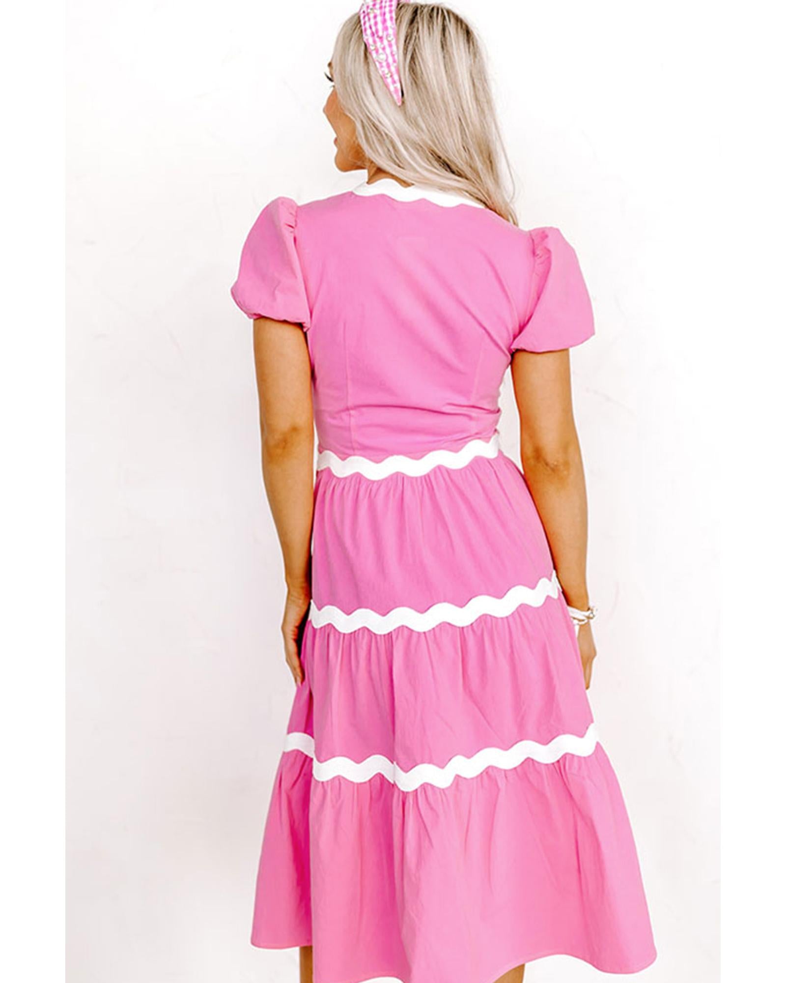 Bonbon Ric Rac Trim Short Puff Sleeve Flowy Midi Dress - L 3