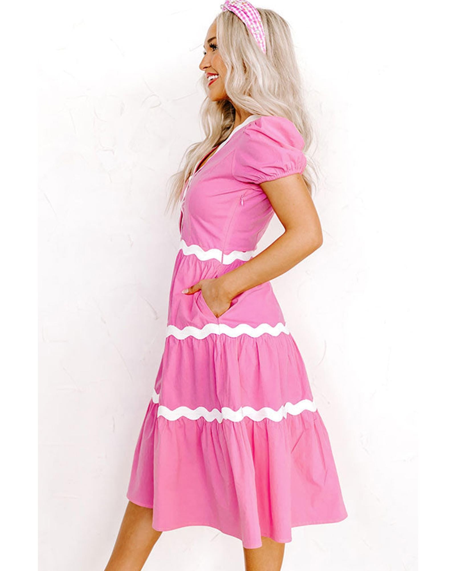 Bonbon Ric Rac Trim Short Puff Sleeve Flowy Midi Dress - L 4