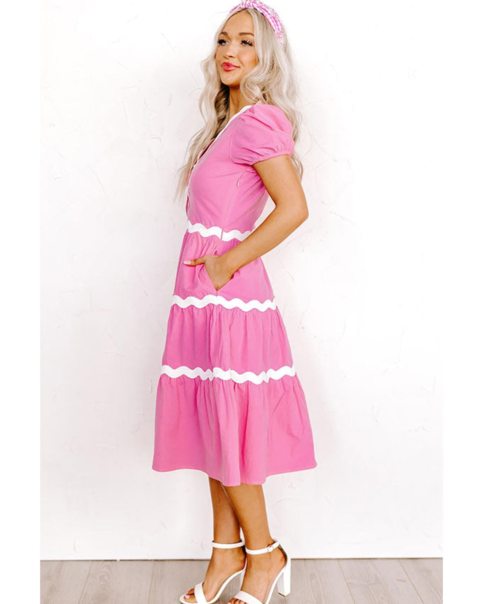 Bonbon Ric Rac Trim Short Puff Sleeve Flowy Midi Dress - XL 3