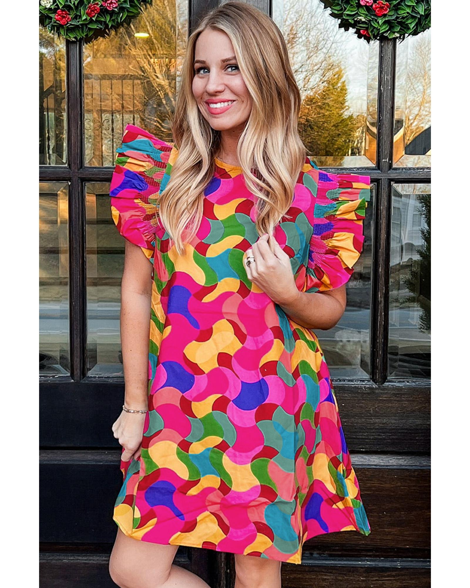 Rose Red Abstract Print Ruffle Sleeve Shift Dress - M