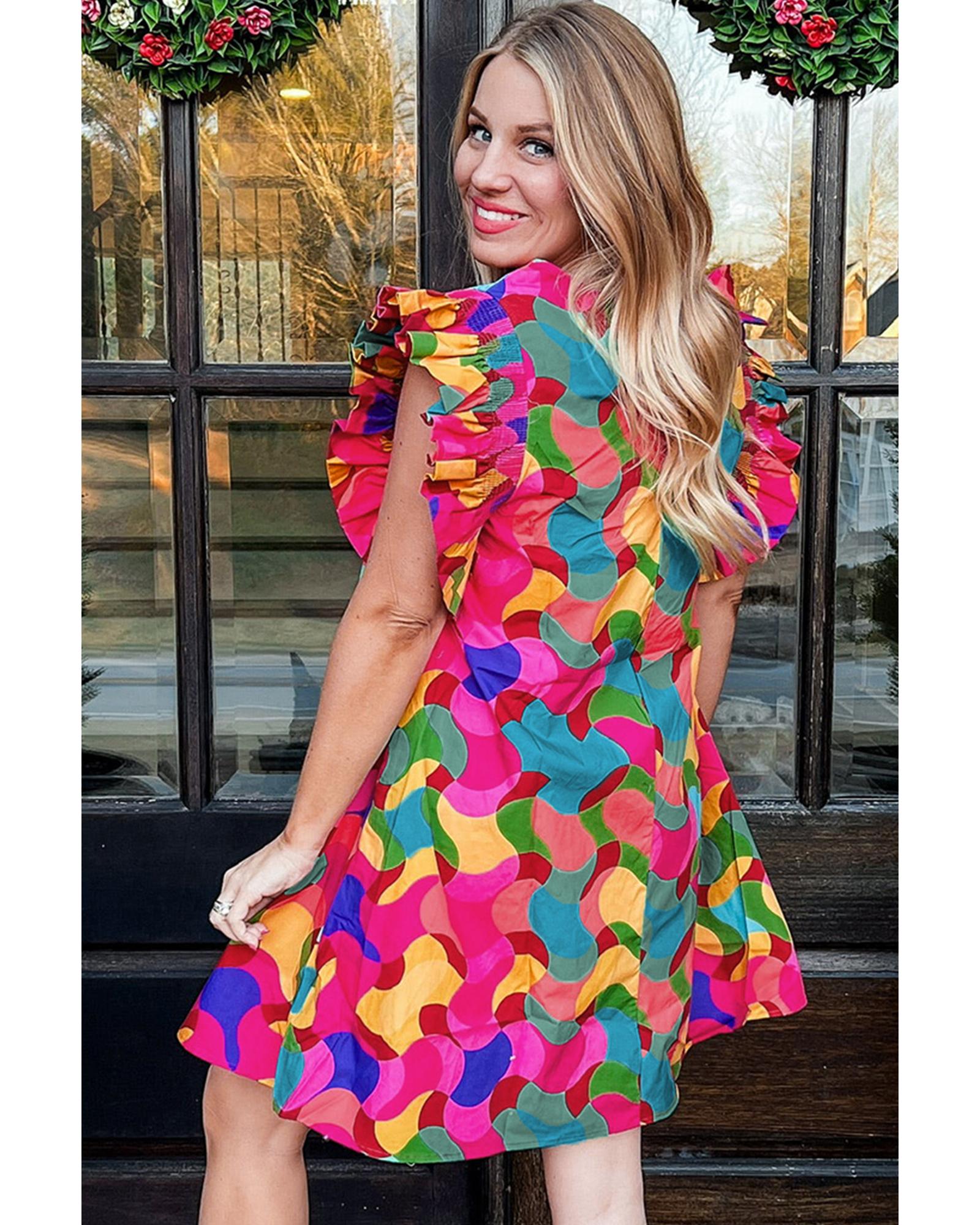 Rose Red Abstract Print Ruffle Sleeve Shift Dress - XL 3