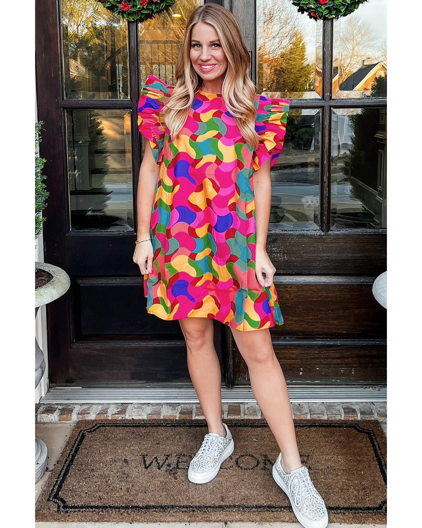 Rose Red Abstract Print Ruffle Sleeve Shift Dress - XL 4