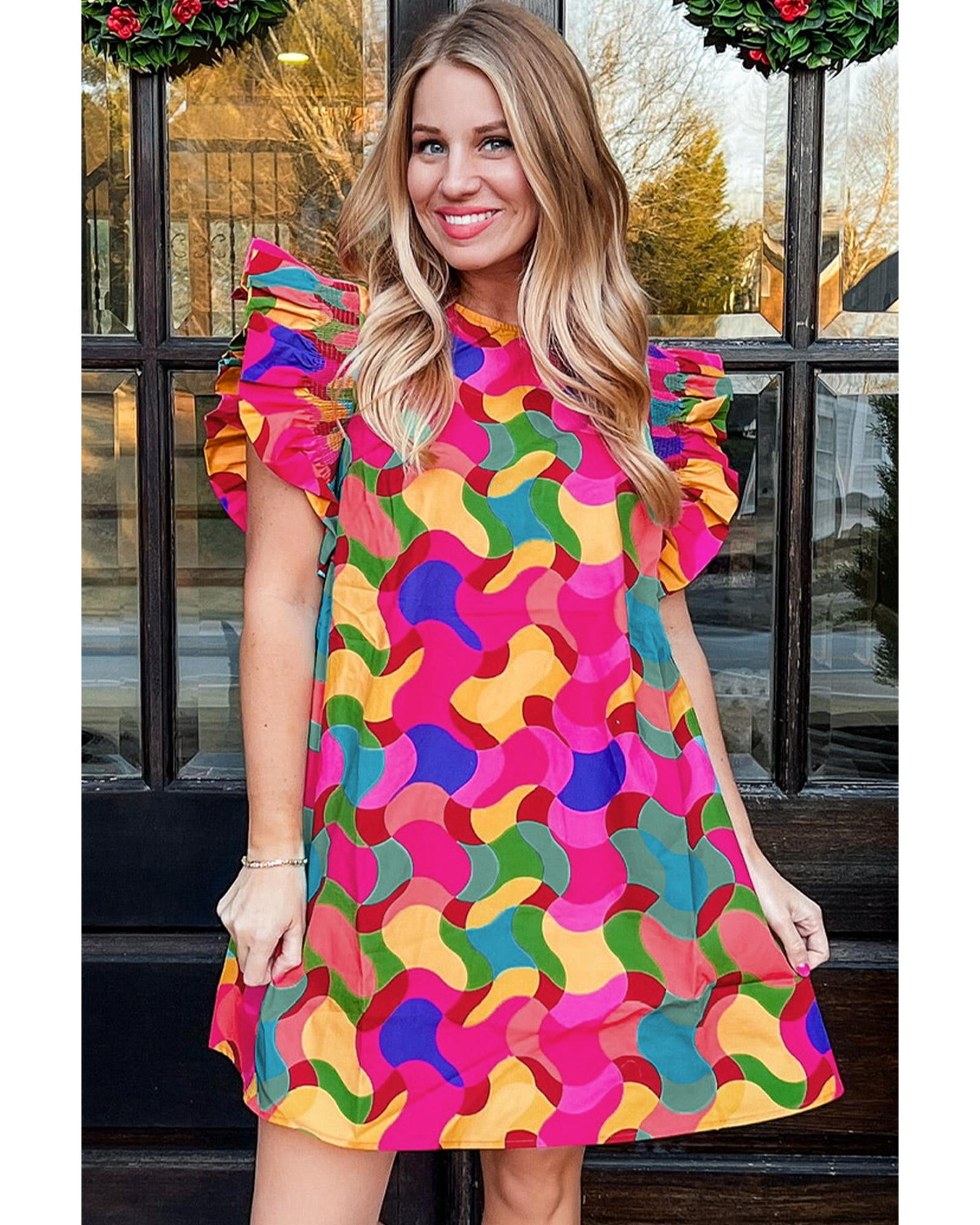 Rose Red Abstract Print Ruffle Sleeve Shift Dress - XL 5