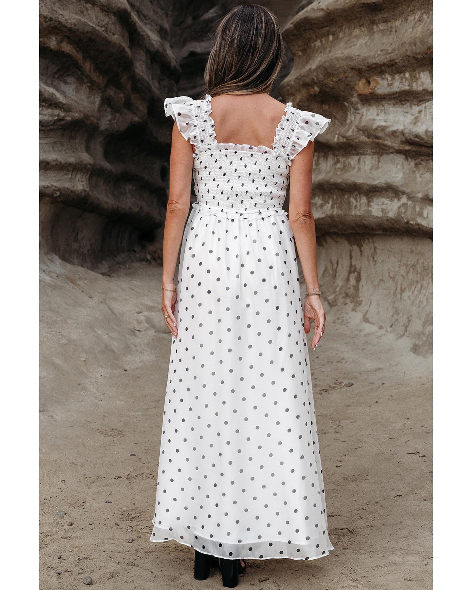 White Polka Dot Flutter Sleeve Square Neck Smocked Maxi Dress - L