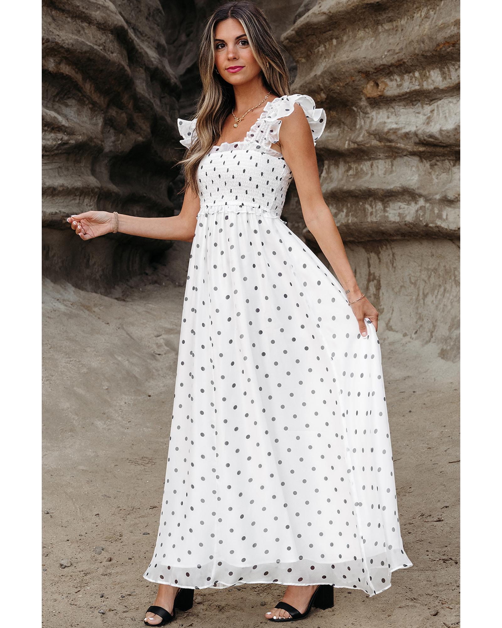 White Polka Dot Flutter Sleeve Square Neck Smocked Maxi Dress - L 5