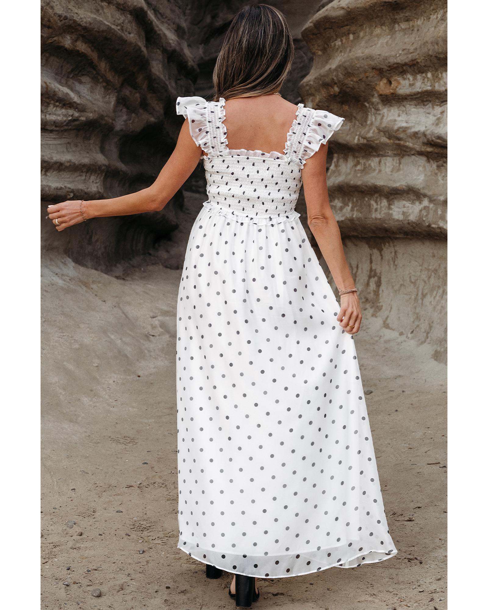 White Polka Dot Flutter Sleeve Square Neck Smocked Maxi Dress - L 6