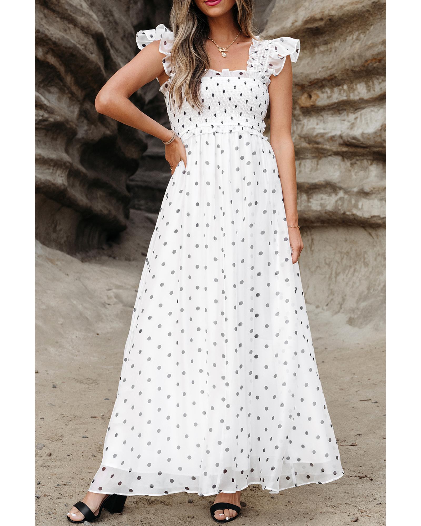 White Polka Dot Flutter Sleeve Square Neck Smocked Maxi Dress - XL