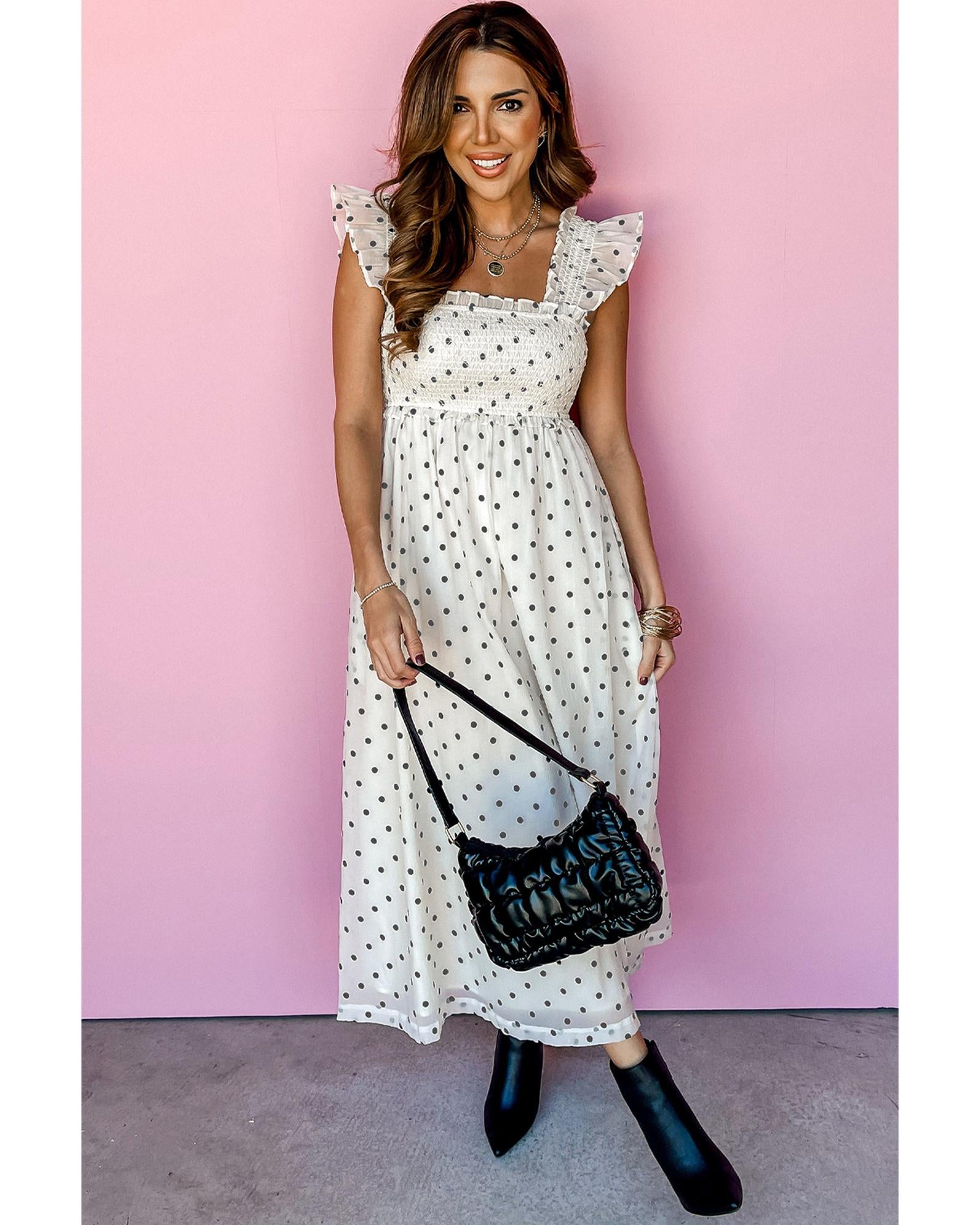 White Polka Dot Flutter Sleeve Square Neck Smocked Maxi Dress - XL 7