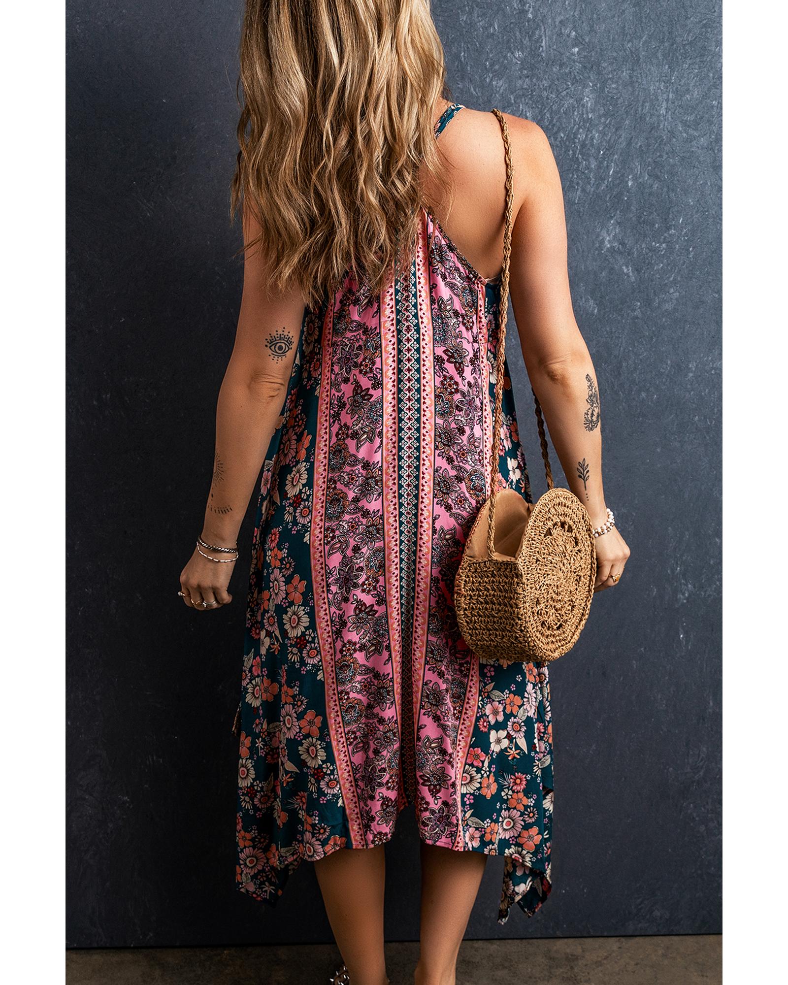 Pink Bohemian Floral Patchwork Print Long Sundress - S