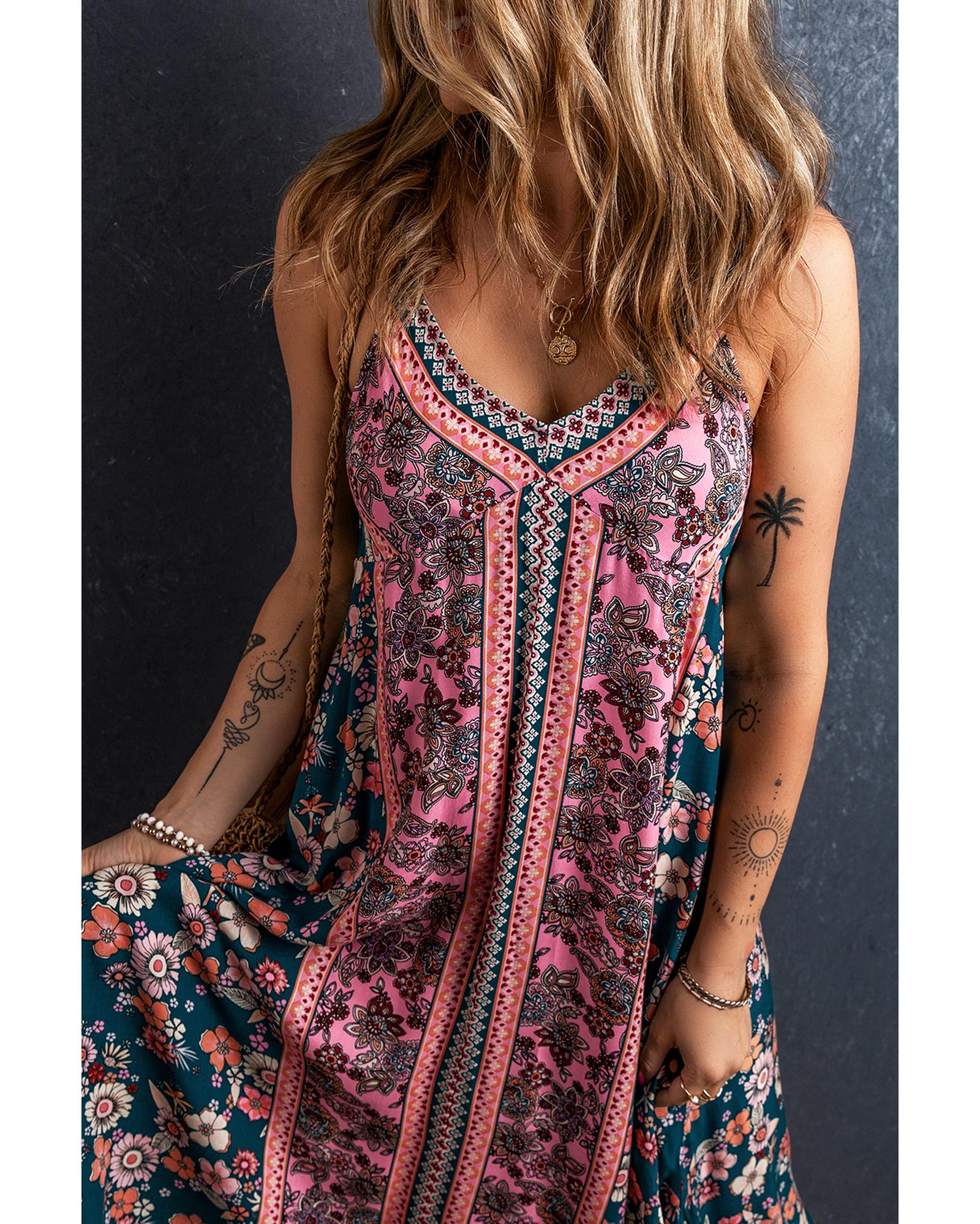 Pink Bohemian Floral Patchwork Print Long Sundress - S