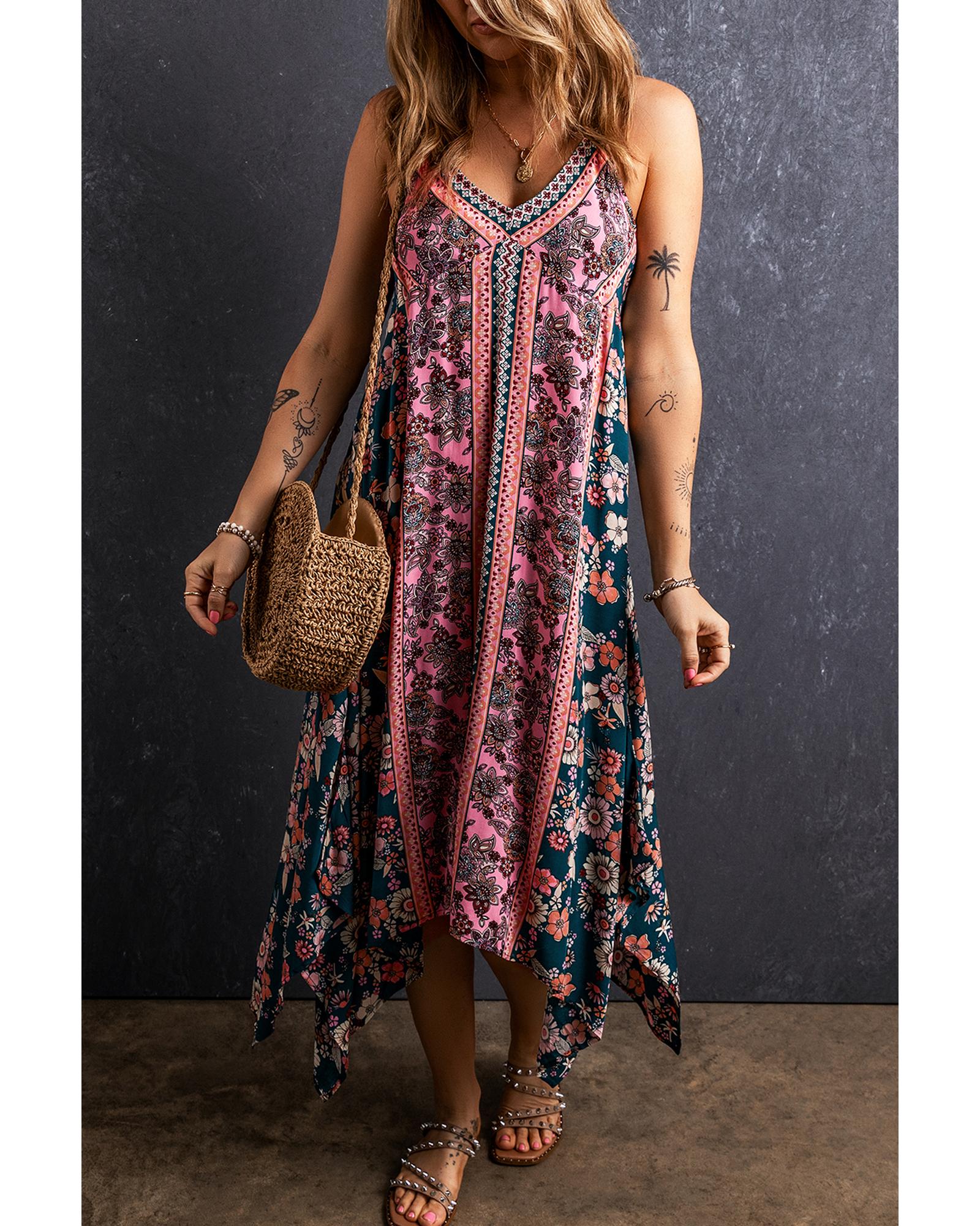 Pink Bohemian Floral Patchwork Print Long Sundress - S 3