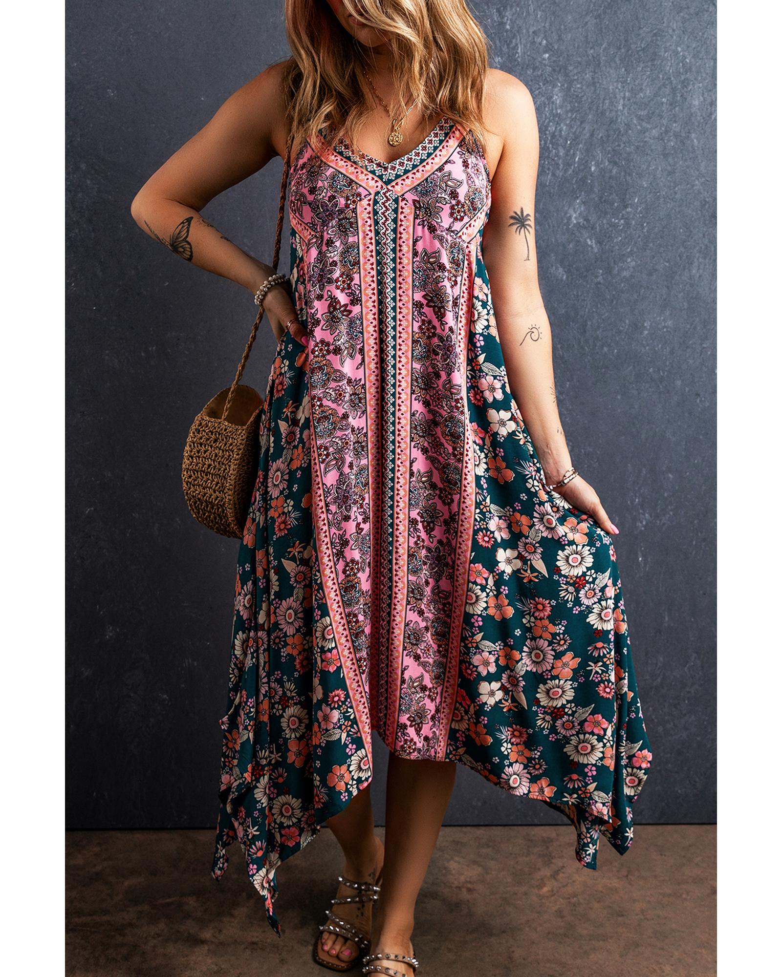 Pink Bohemian Floral Patchwork Print Long Sundress - S 7