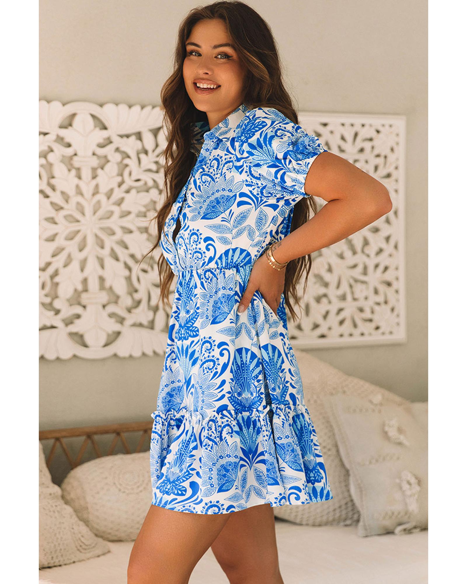 Sky Blue Retro Floral Print Drawstring Waist Ruffled Mini Dress - L 4
