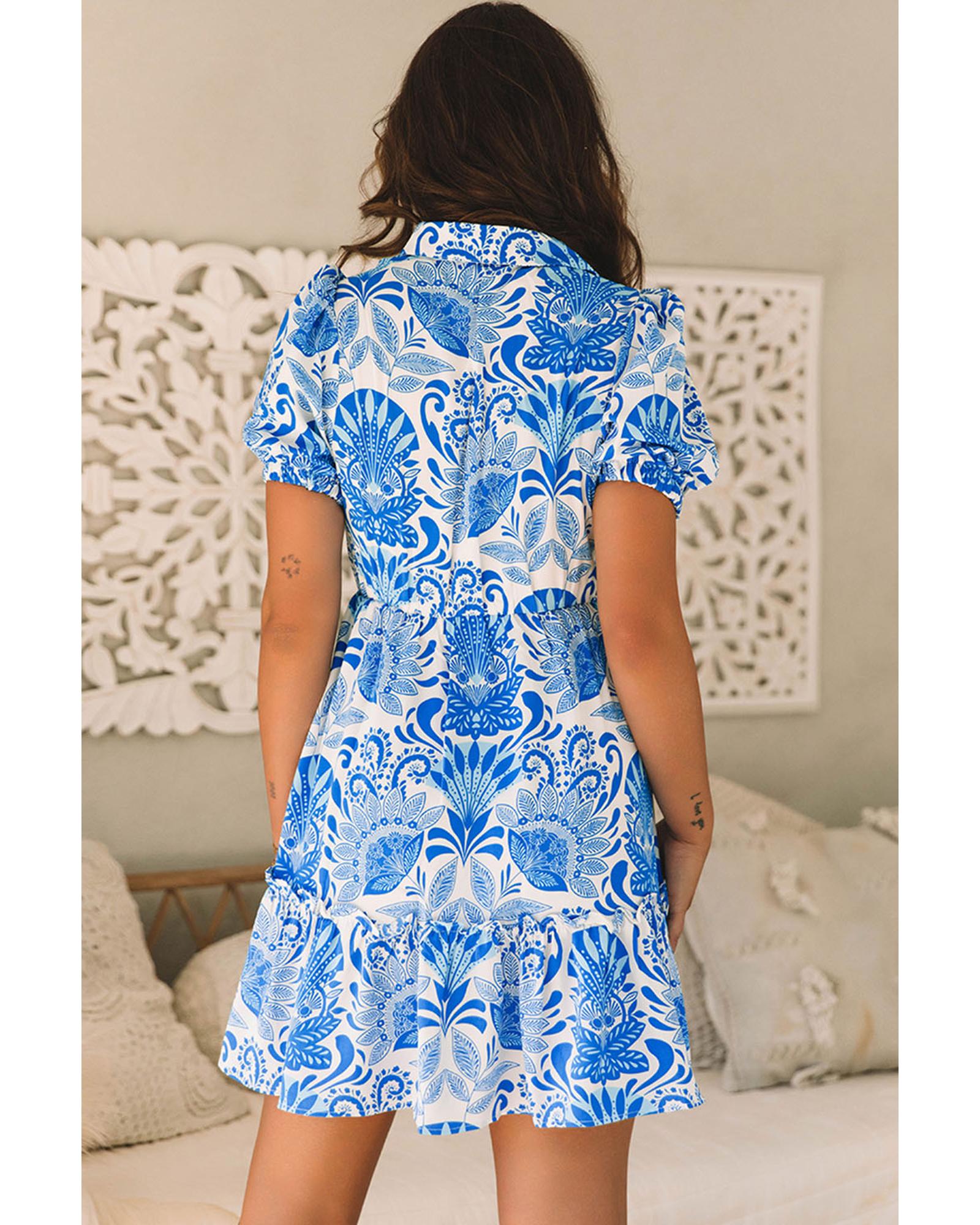 Sky Blue Retro Floral Print Drawstring Waist Ruffled Mini Dress - M 3