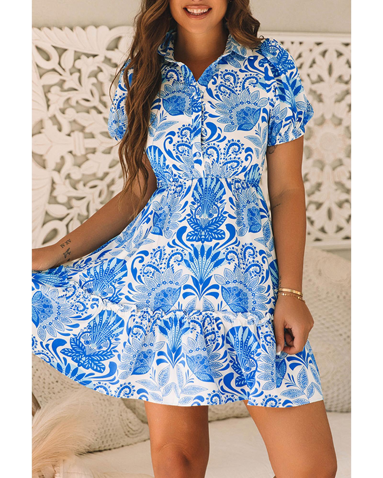 Sky Blue Retro Floral Print Drawstring Waist Ruffled Mini Dress - M 6