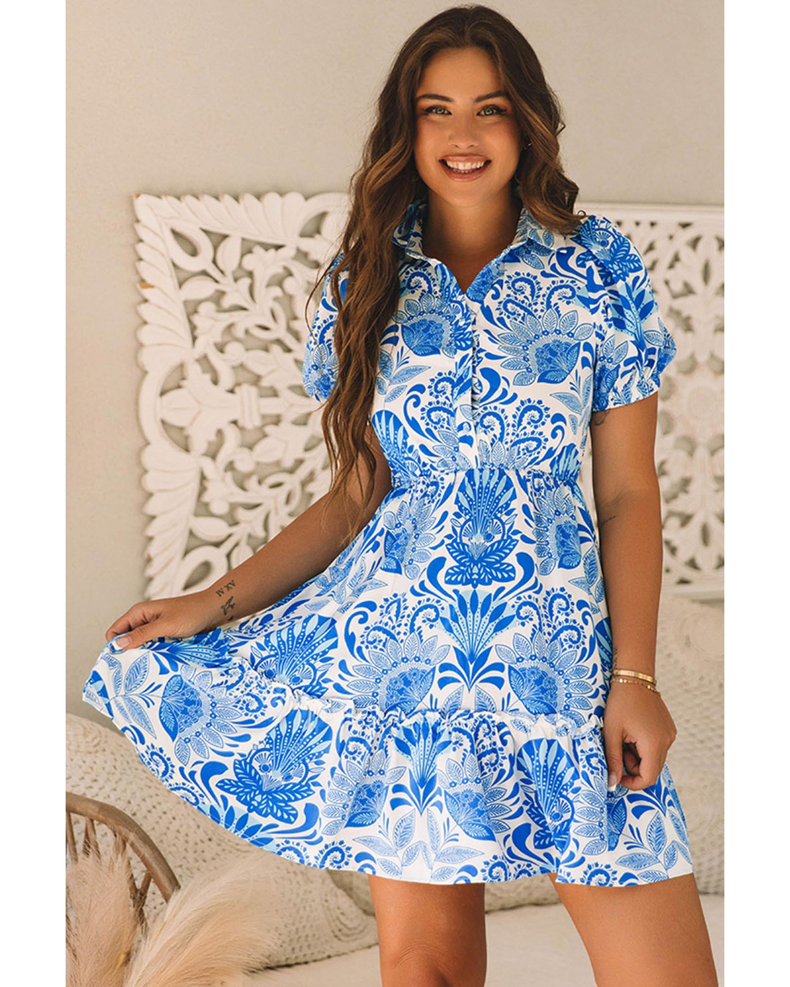 Sky Blue Retro Floral Print Drawstring Waist Ruffled Mini Dress - S 5