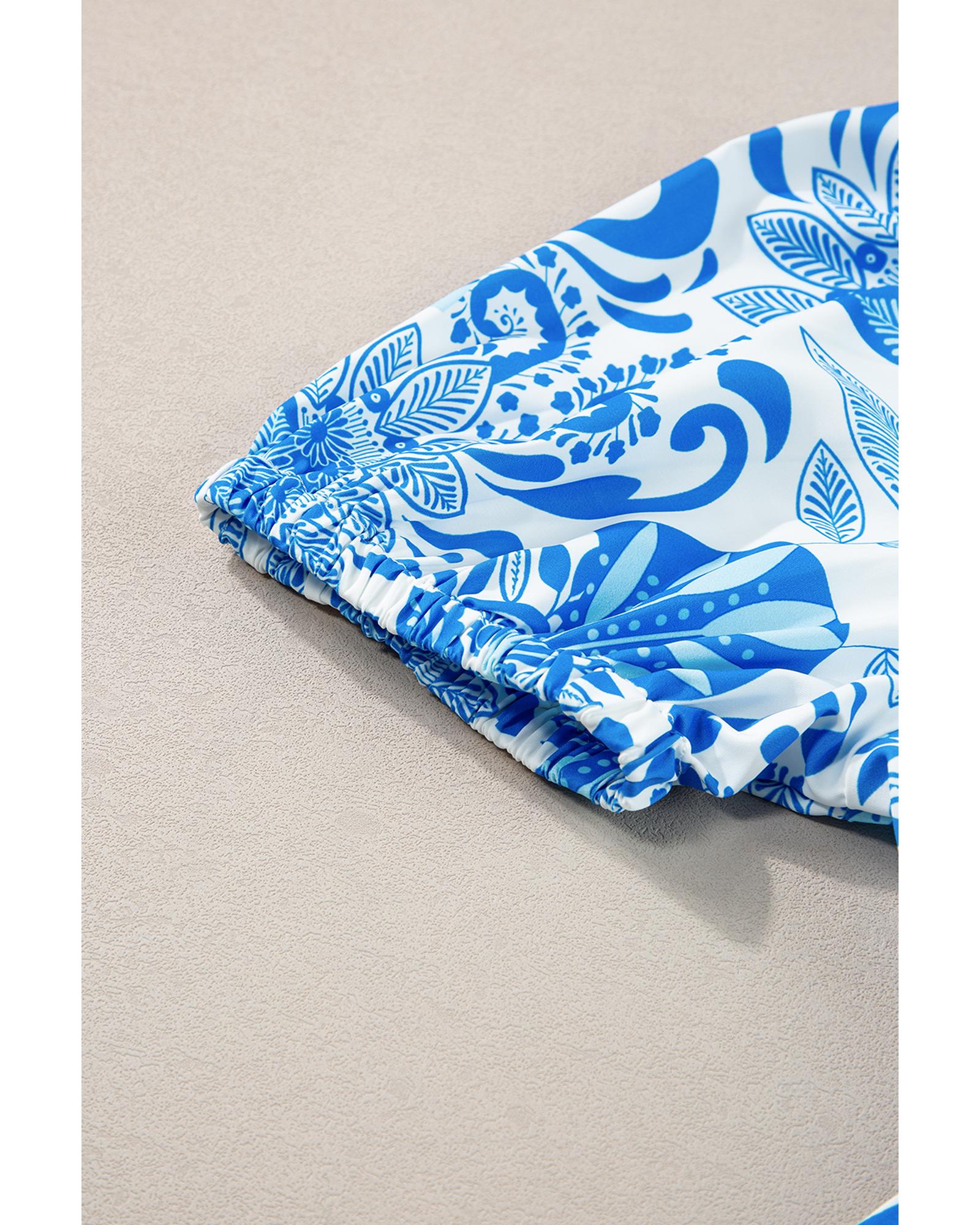 Sky Blue Retro Floral Print Drawstring Waist Ruffled Mini Dress - S 7