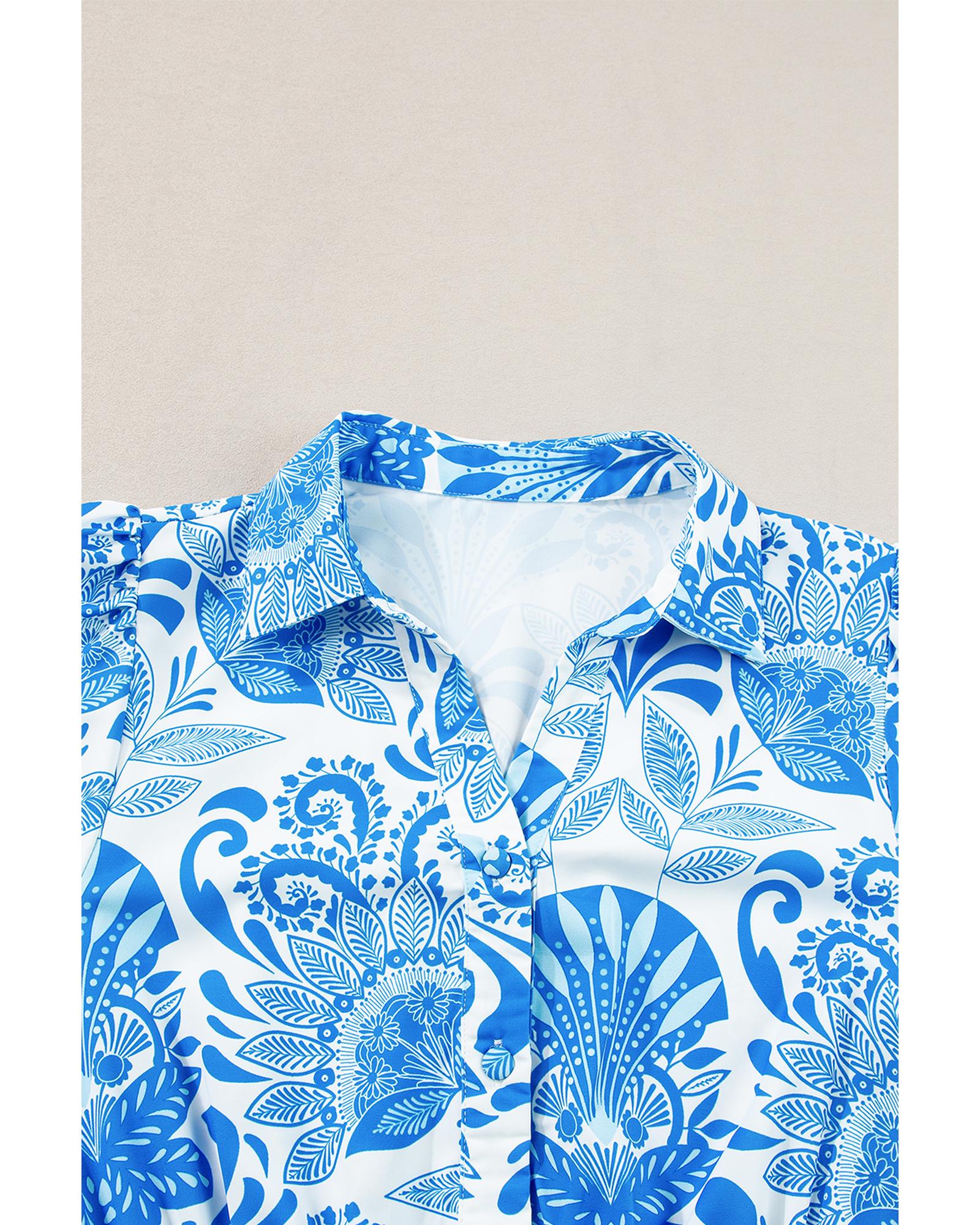 Sky Blue Retro Floral Print Drawstring Waist Ruffled Mini Dress - XL 8