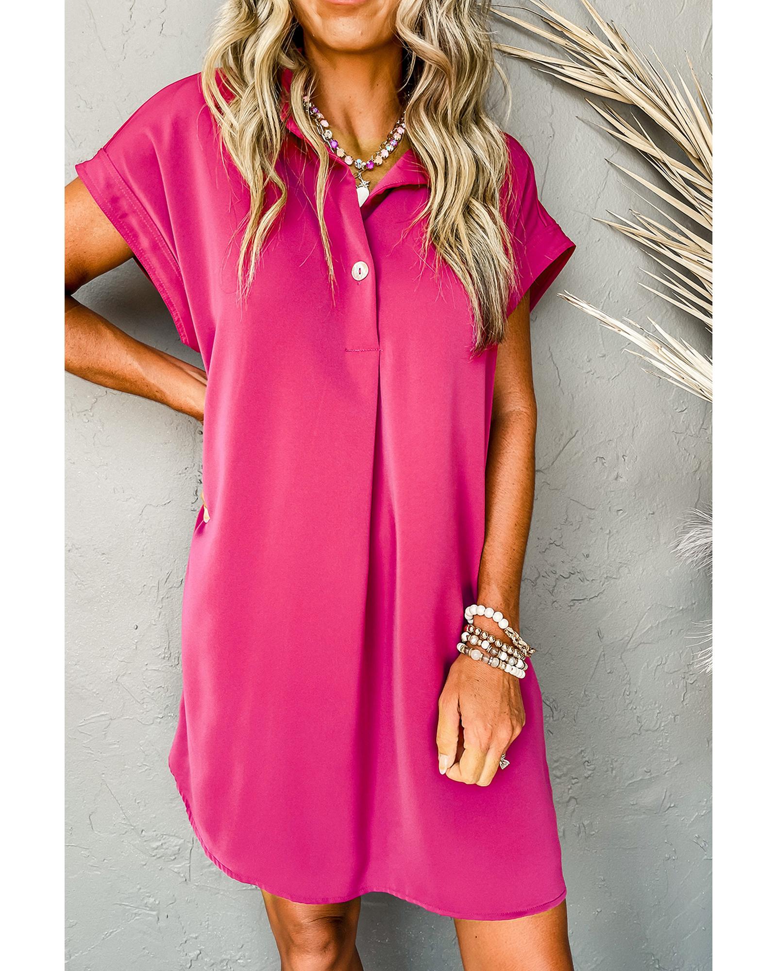 Rose Red Buttoned Collar Shift T-shirt Mini Dress - M