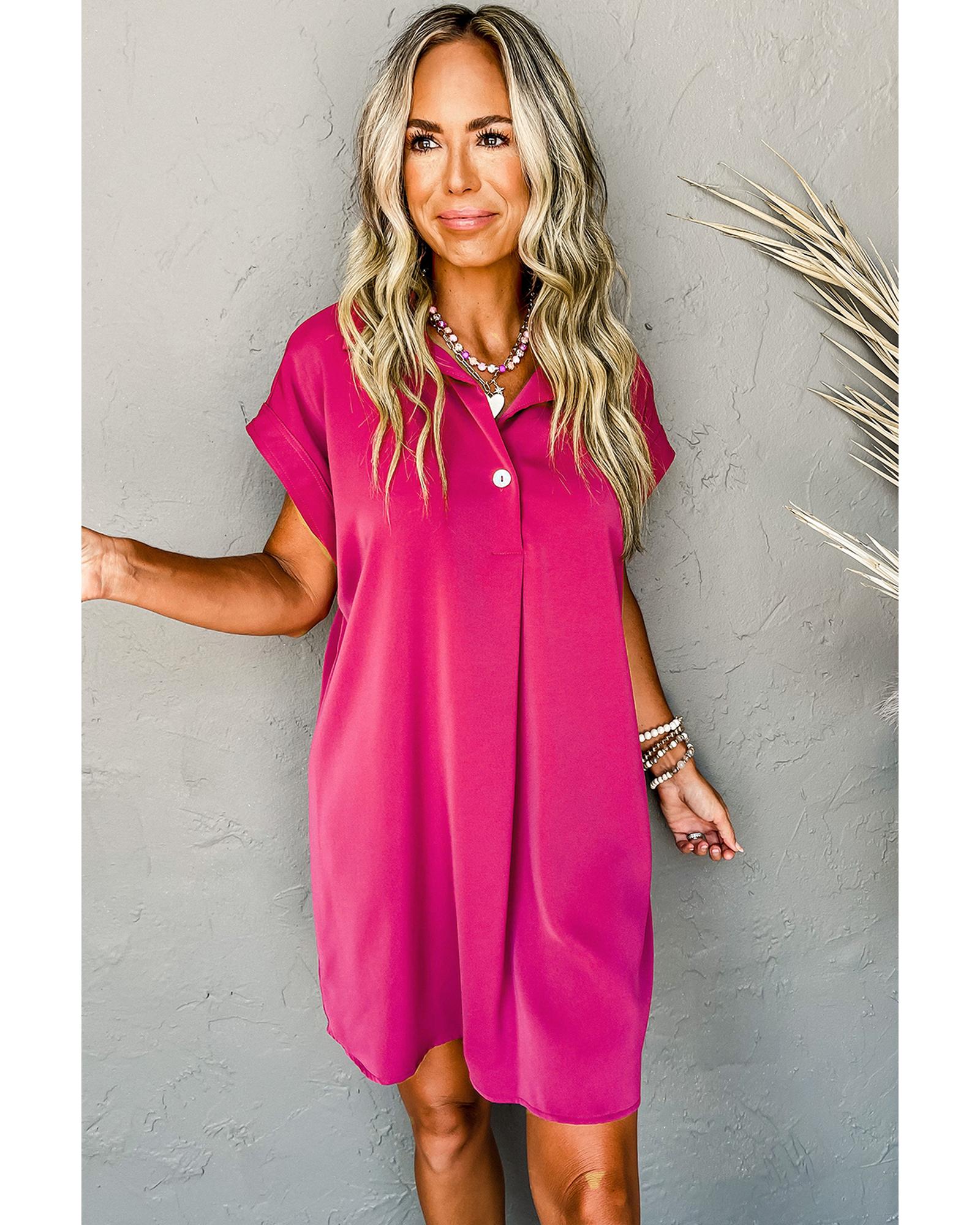 Rose Red Buttoned Collar Shift T-shirt Mini Dress - M 4