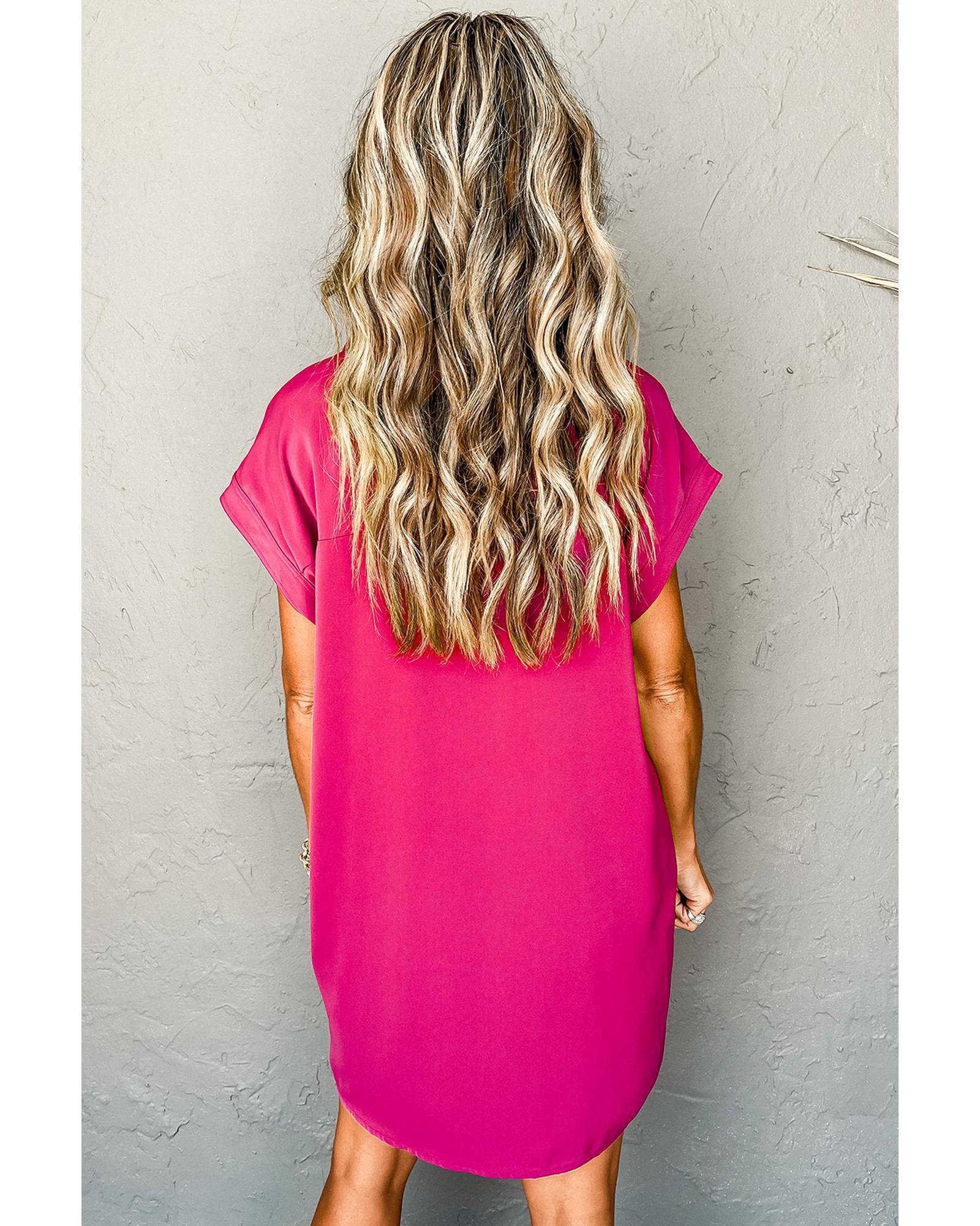 Rose Red Buttoned Collar Shift T-shirt Mini Dress - XL