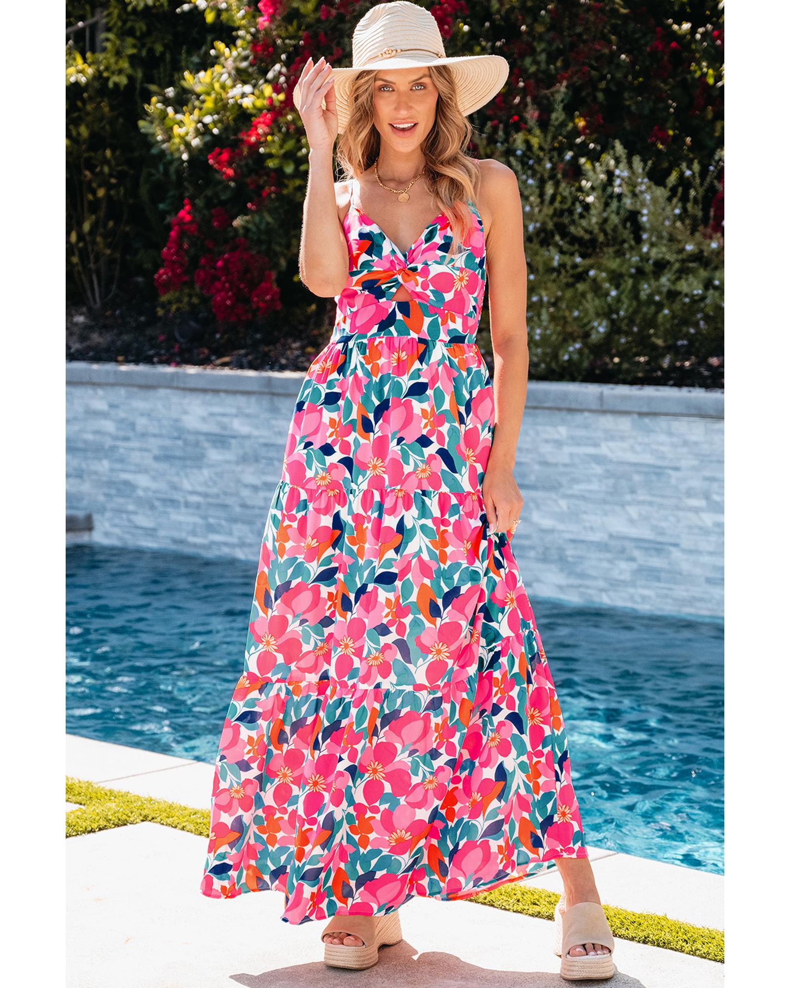 Rose Floral Twisted Smocked Back Tiered Maxi Dress - S