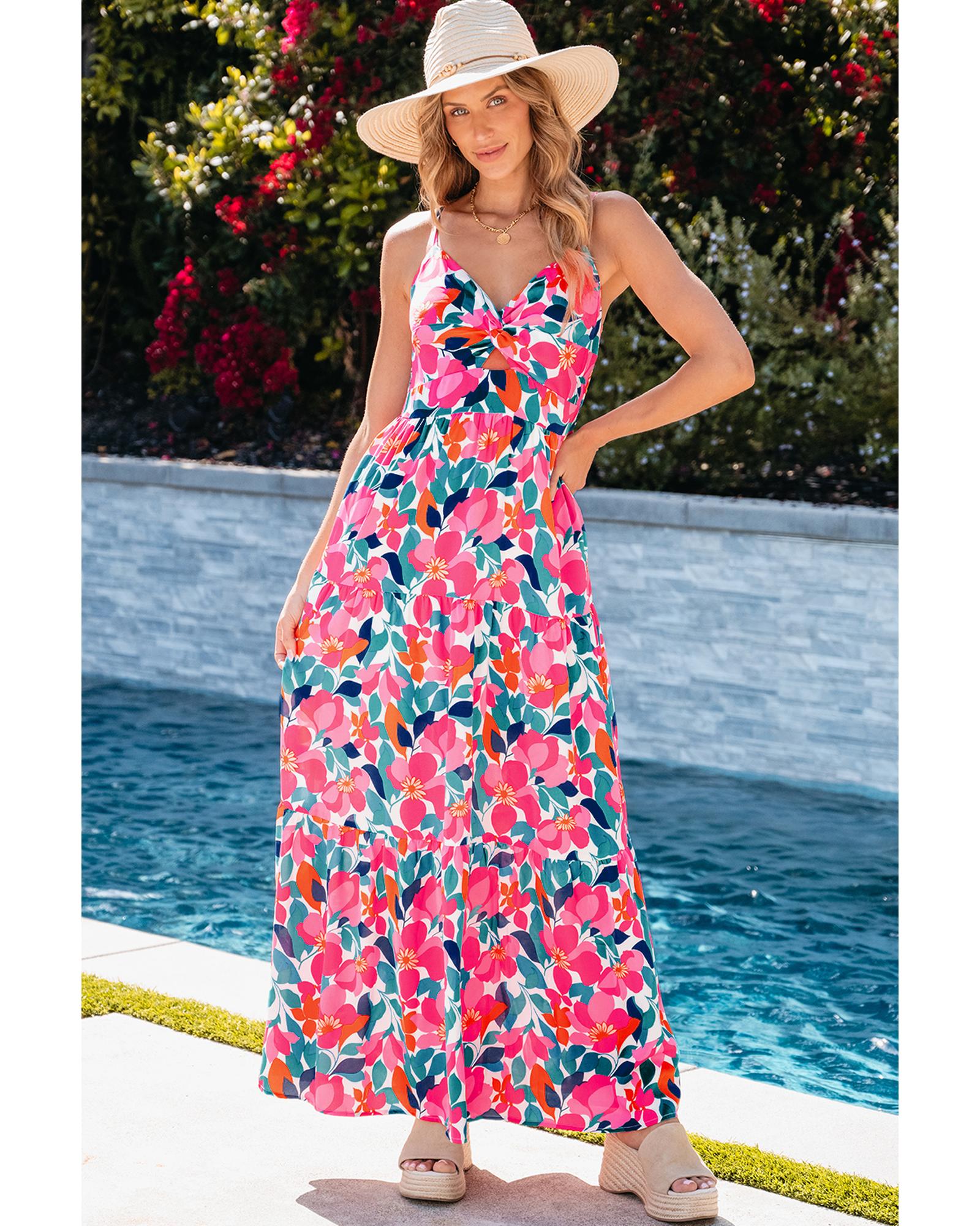 Rose Floral Twisted Smocked Back Tiered Maxi Dress - S