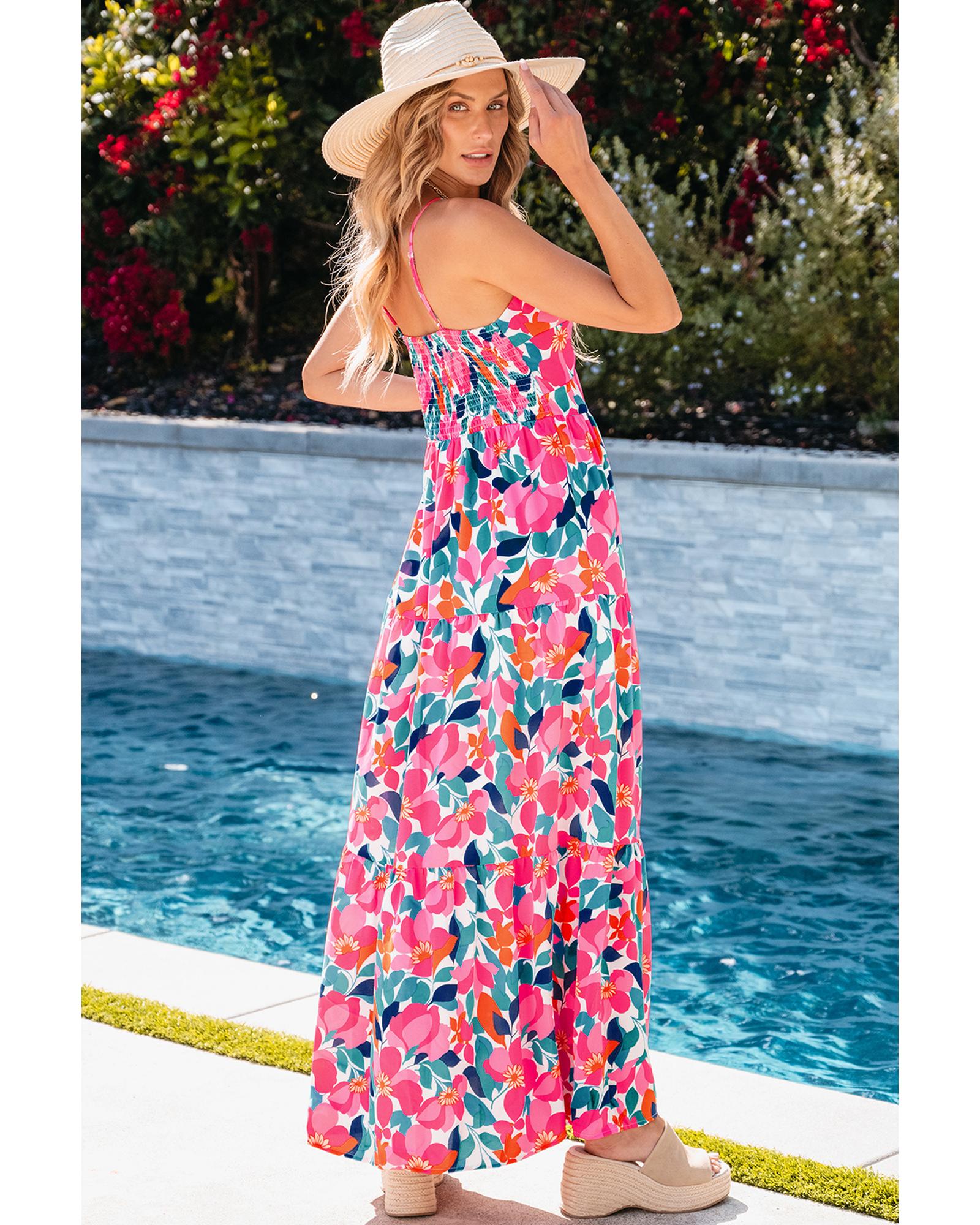 Rose Floral Twisted Smocked Back Tiered Maxi Dress - S 4