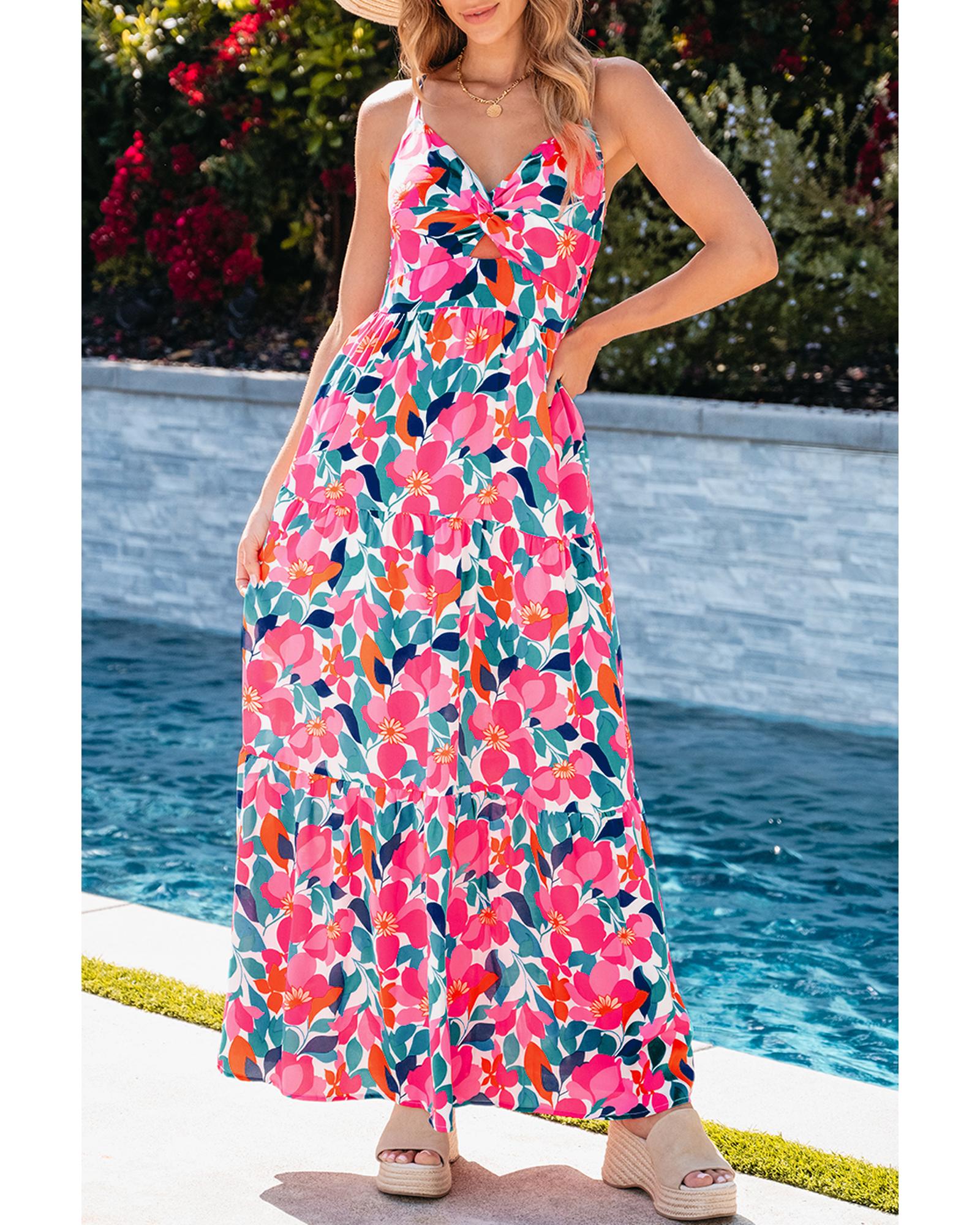 Rose Floral Twisted Smocked Back Tiered Maxi Dress - S 6