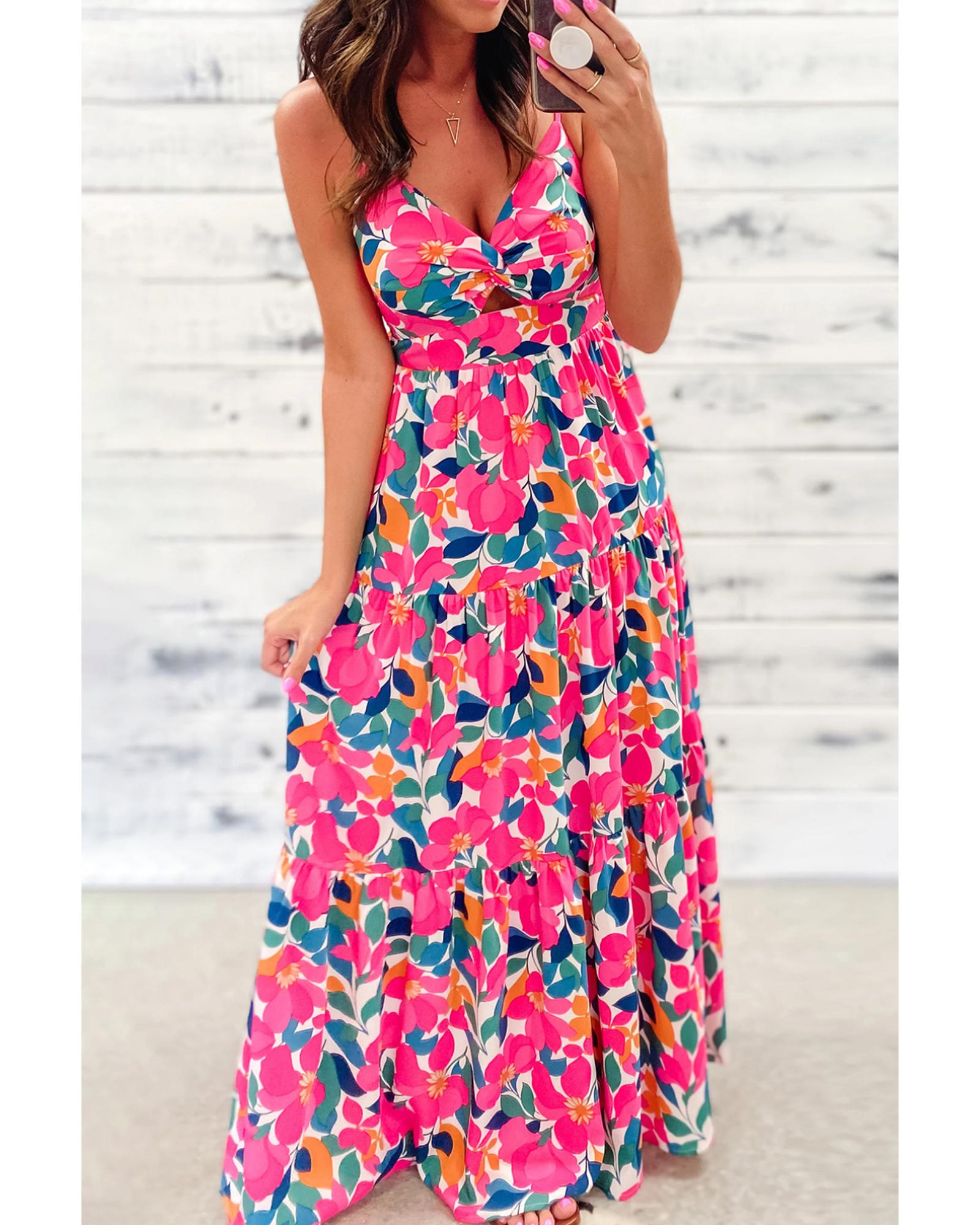 Rose Floral Twisted Smocked Back Tiered Maxi Dress - S 7