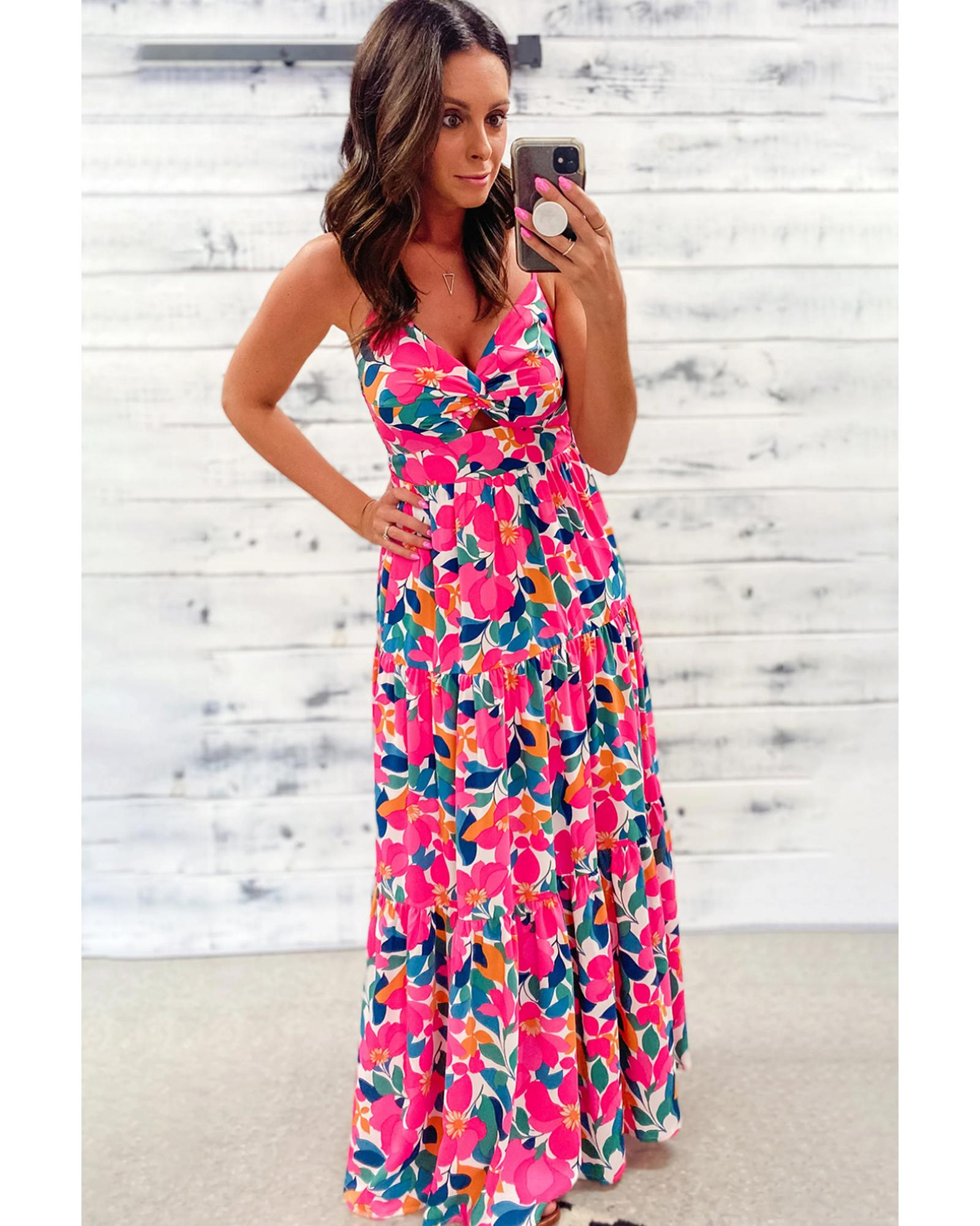 Rose Floral Twisted Smocked Back Tiered Maxi Dress - S 8
