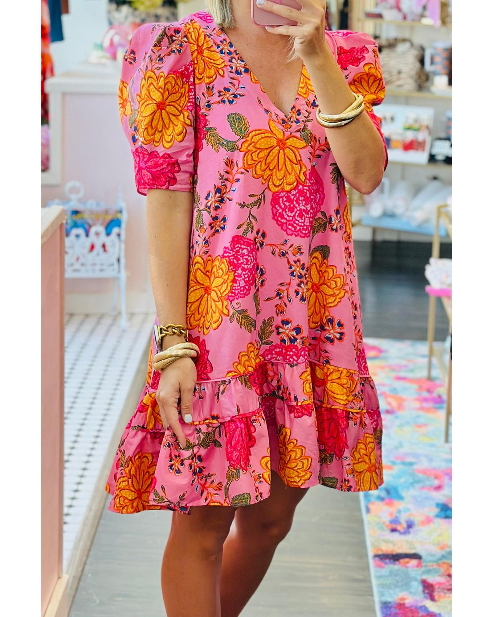 Pink Floral Bubble Sleeve V Neck Ruffled Mini Dress - L