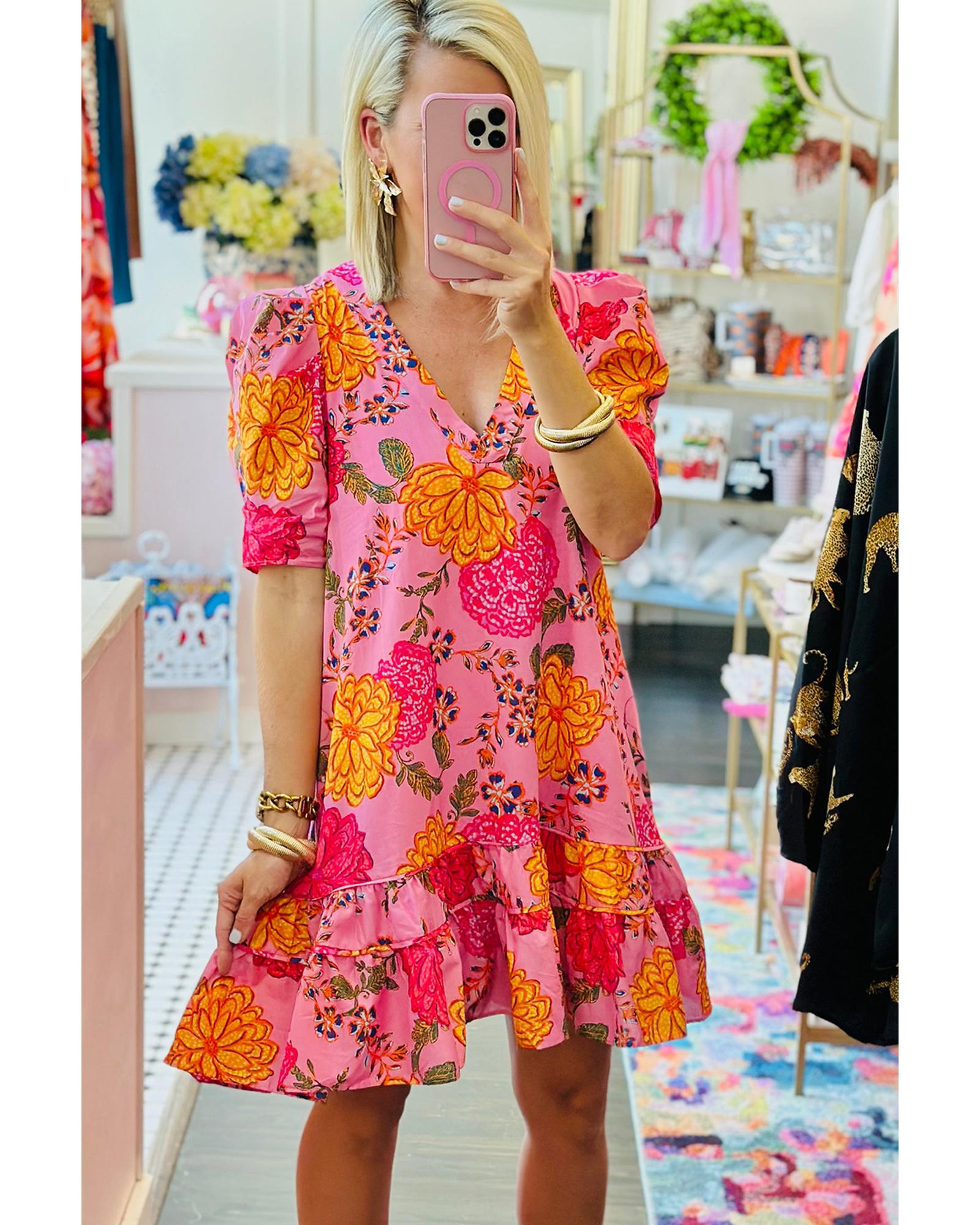 Pink Floral Bubble Sleeve V Neck Ruffled Mini Dress - L 4
