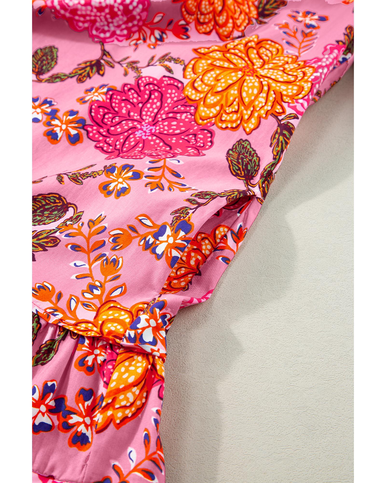 Pink Floral Bubble Sleeve V Neck Ruffled Mini Dress - M 6