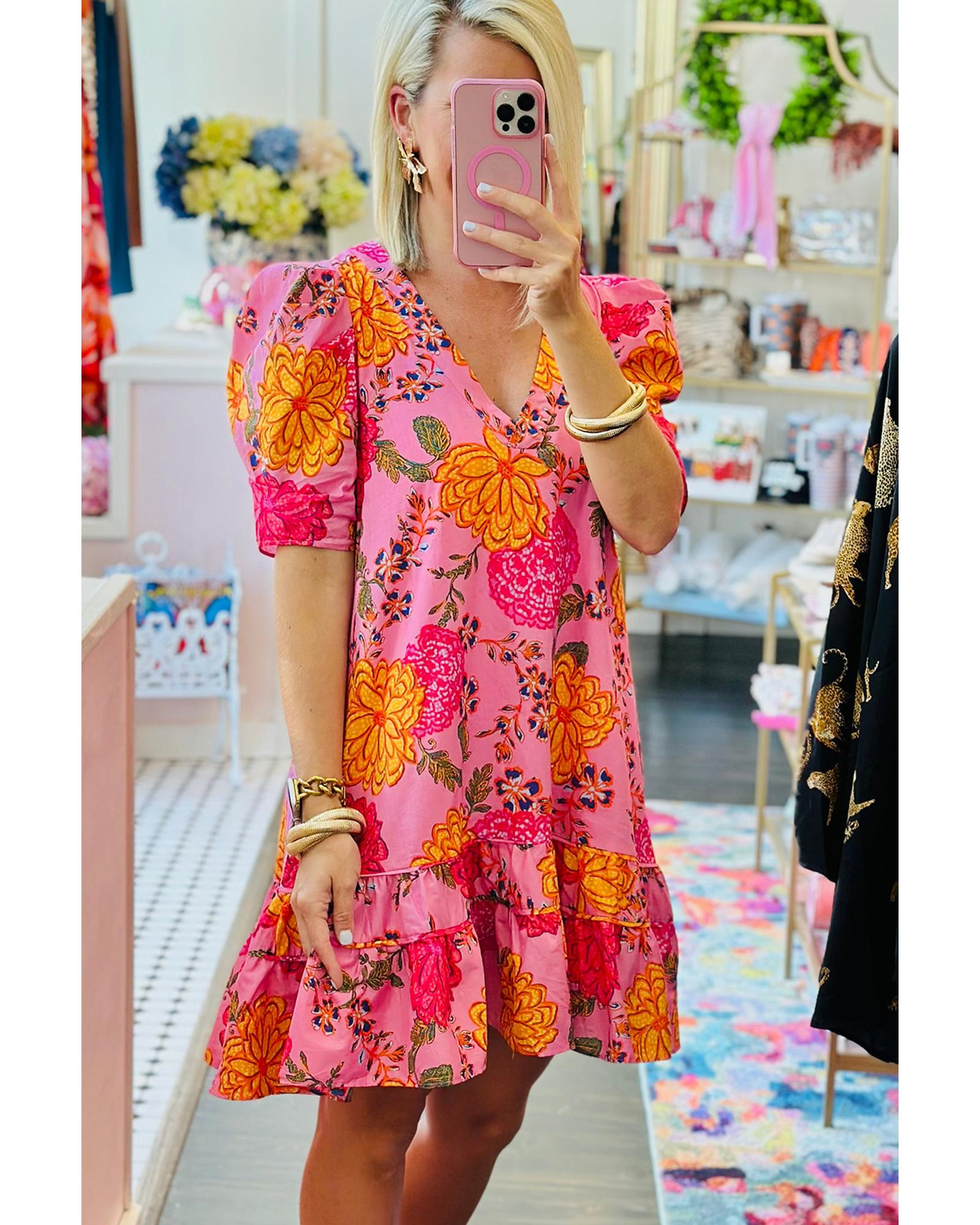 Pink Floral Bubble Sleeve V Neck Ruffled Mini Dress - XL