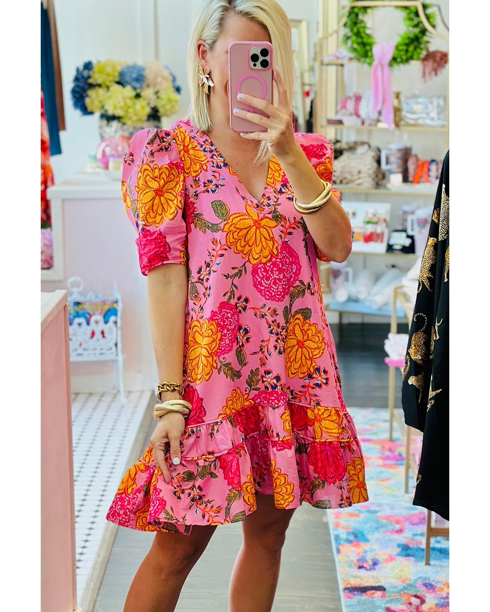 Pink Floral Bubble Sleeve V Neck Ruffled Mini Dress - XL 3