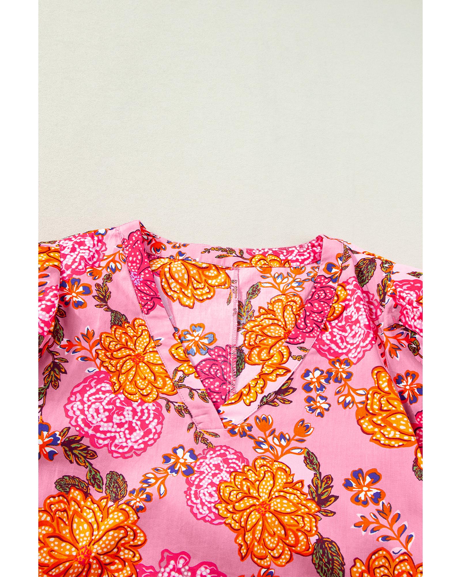 Pink Floral Bubble Sleeve V Neck Ruffled Mini Dress - XL 5