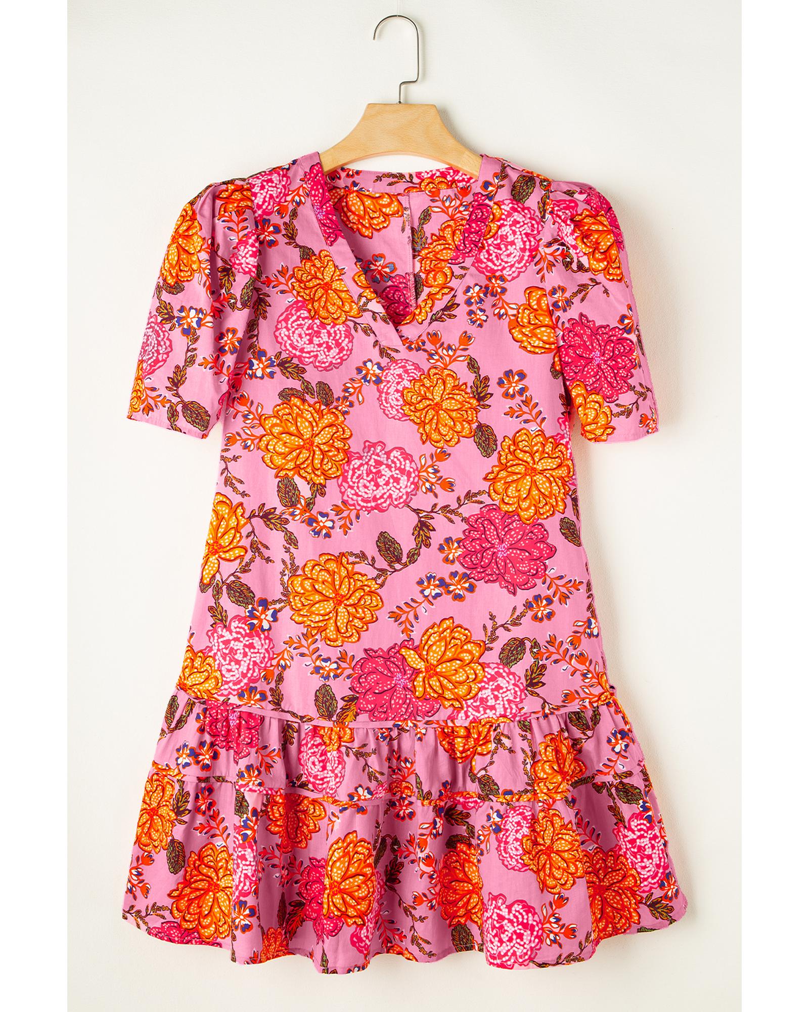 Pink Floral Bubble Sleeve V Neck Ruffled Mini Dress - XL 7