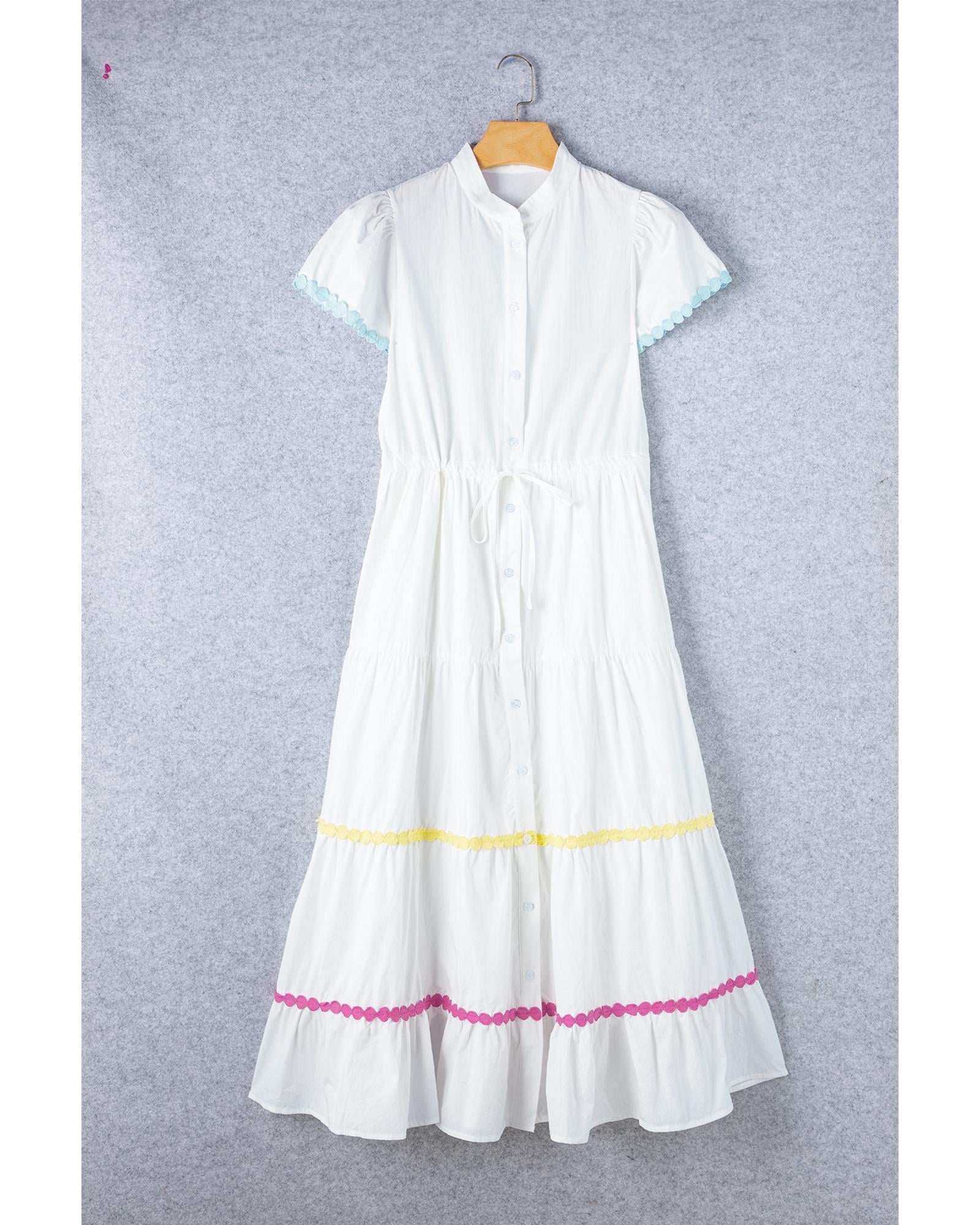 White Colorblock Rickrack Trim Short Sleeve Drawstring Waist Long Dress - L 7