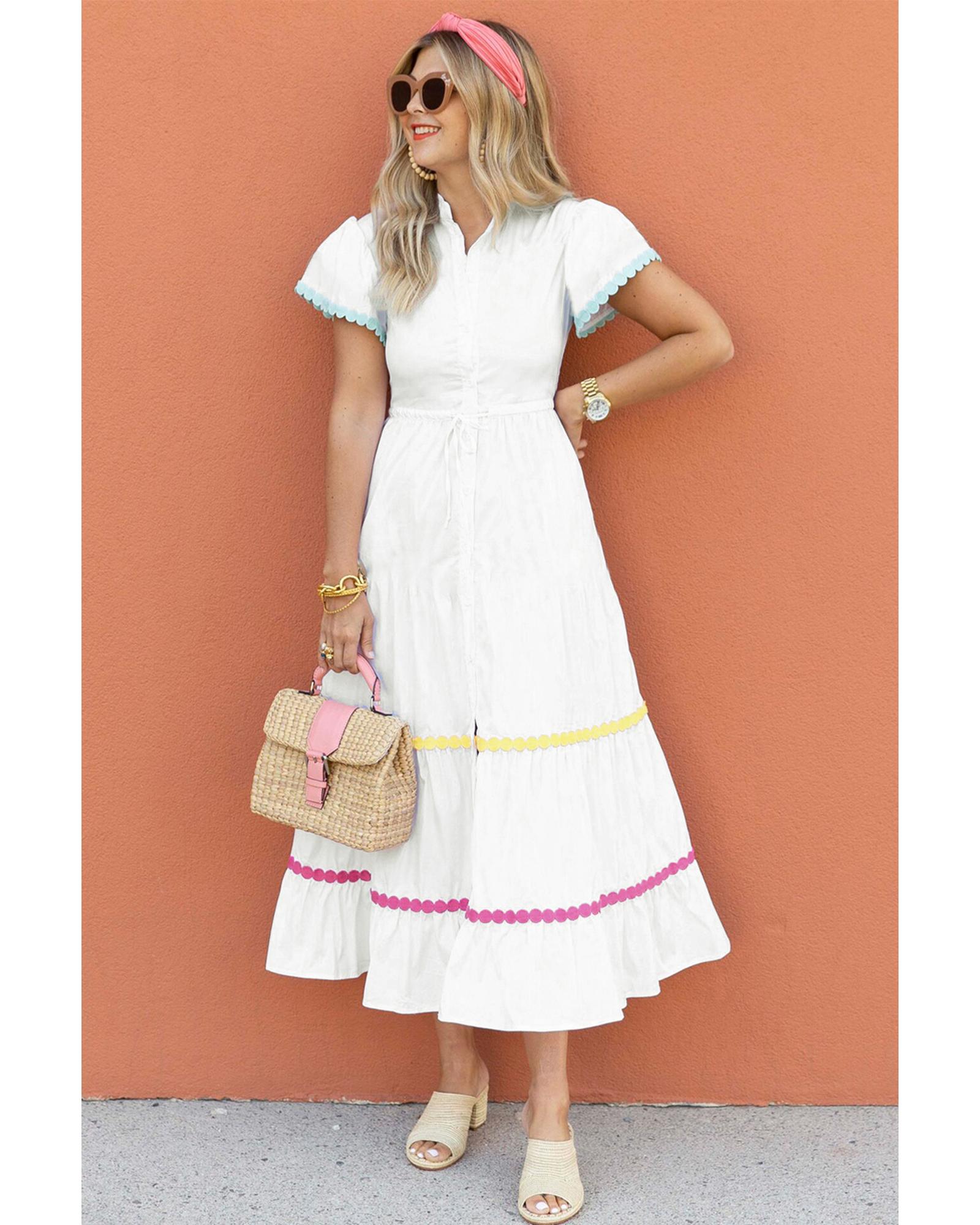 White Colorblock Rickrack Trim Short Sleeve Drawstring Waist Long Dress - XL 3
