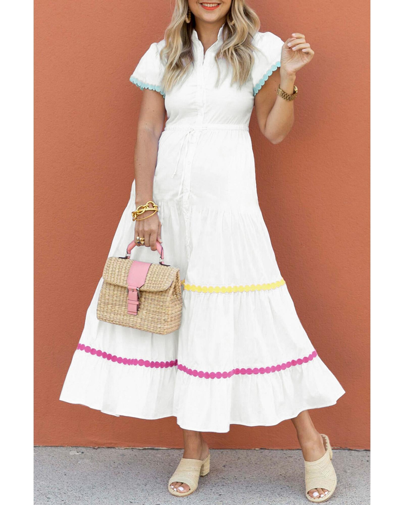 White Colorblock Rickrack Trim Short Sleeve Drawstring Waist Long Dress - XL 4