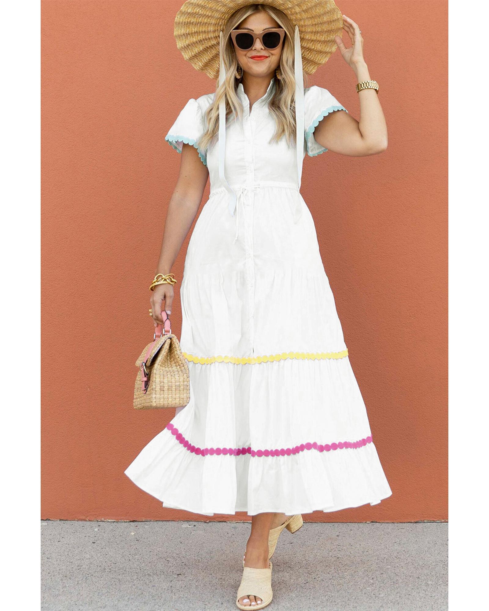 White Colorblock Rickrack Trim Short Sleeve Drawstring Waist Long Dress - XL 5