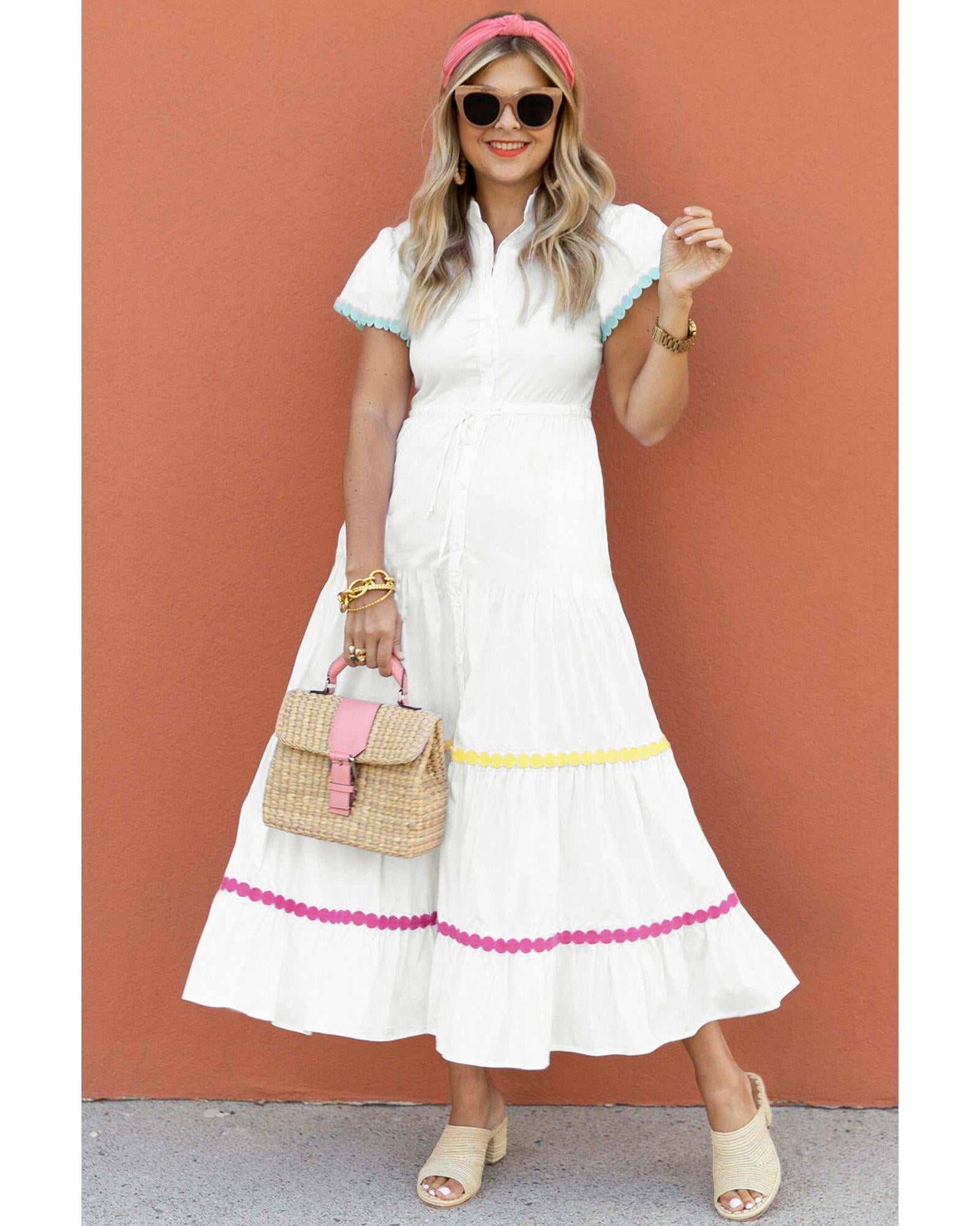 White Colorblock Rickrack Trim Short Sleeve Drawstring Waist Long Dress - XL 6
