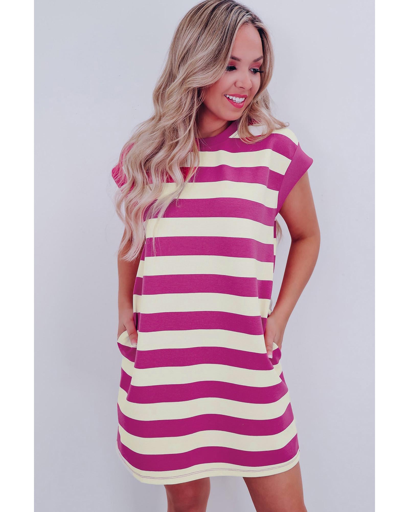 Rose Stripe Cap Sleeve Pocketed Shift T-shirt Dress - L 3