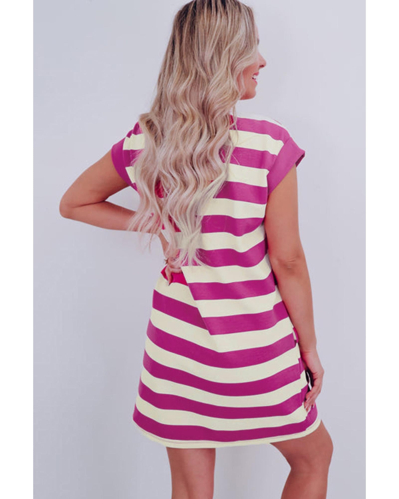 Rose Stripe Cap Sleeve Pocketed Shift T-shirt Dress - M